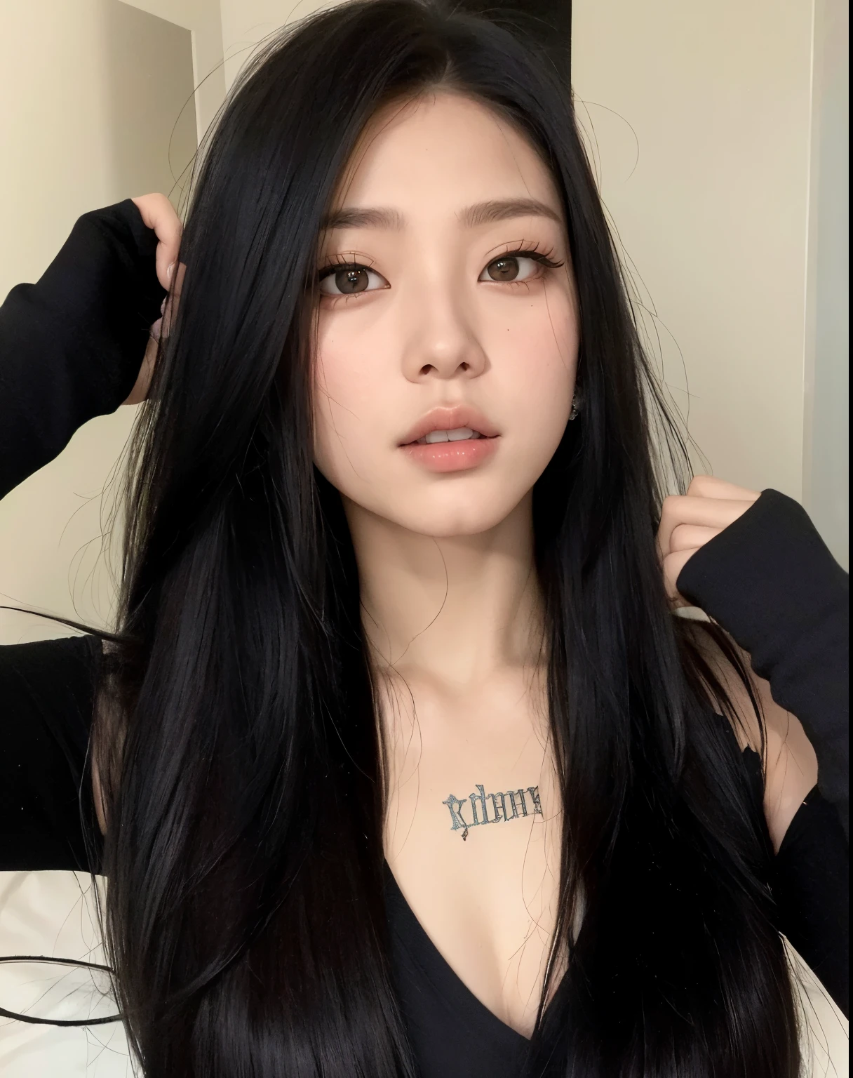mulher arafed com longos cabelos pretos e tatuagens no peito, com cabelo preto liso, cabelo preto e olhos grandes, mulher com longos cabelos pretos, com cabelos longos e olhos penetrantes, cabelo e maquiagem escuros, 18 anos de idade, com longos cabelos escuros, cruel korean goth girl,  Asian with long hair, cabelo preto longo com franja,  com cabelo preto