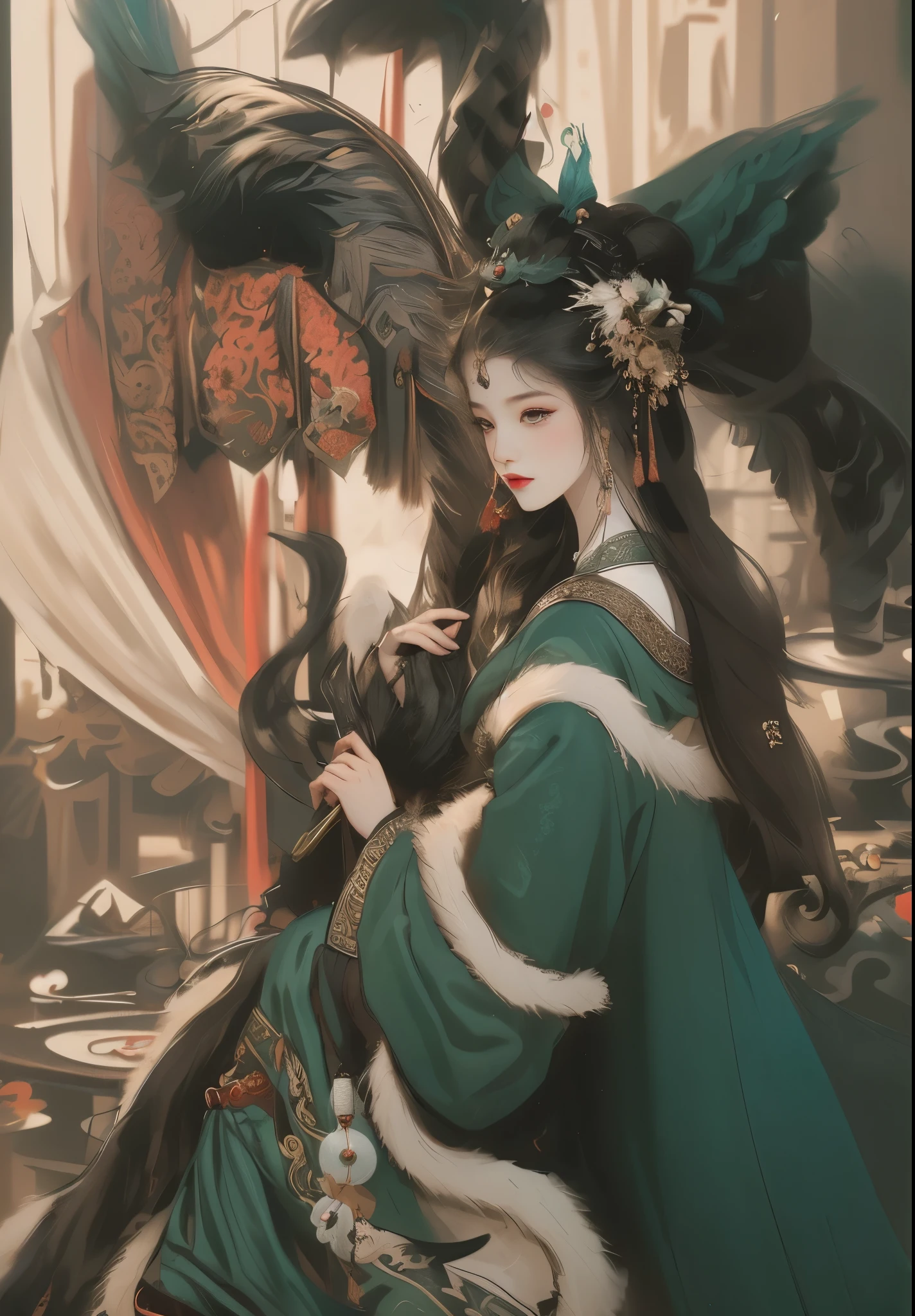 ((Unreal Engine 5)), Realistic rendering, Ink strokes，Excellent, Pictures of beauties in the court of Han Dynasty in China, Dark green mink velvet cloak，Red robe，Holding peacock feathers in hand，beautiful，Court background，The feeling comes from Chen Danqing, Inspired by Hu Zaobin, Inspired by Zhu Derun, Ukiyo-style，Inspired by Sichuan hot pot Kyousai, Inspired by Kanebo, Inspired by JANASHANLE, Inspired by Longxingzhai Dingqing