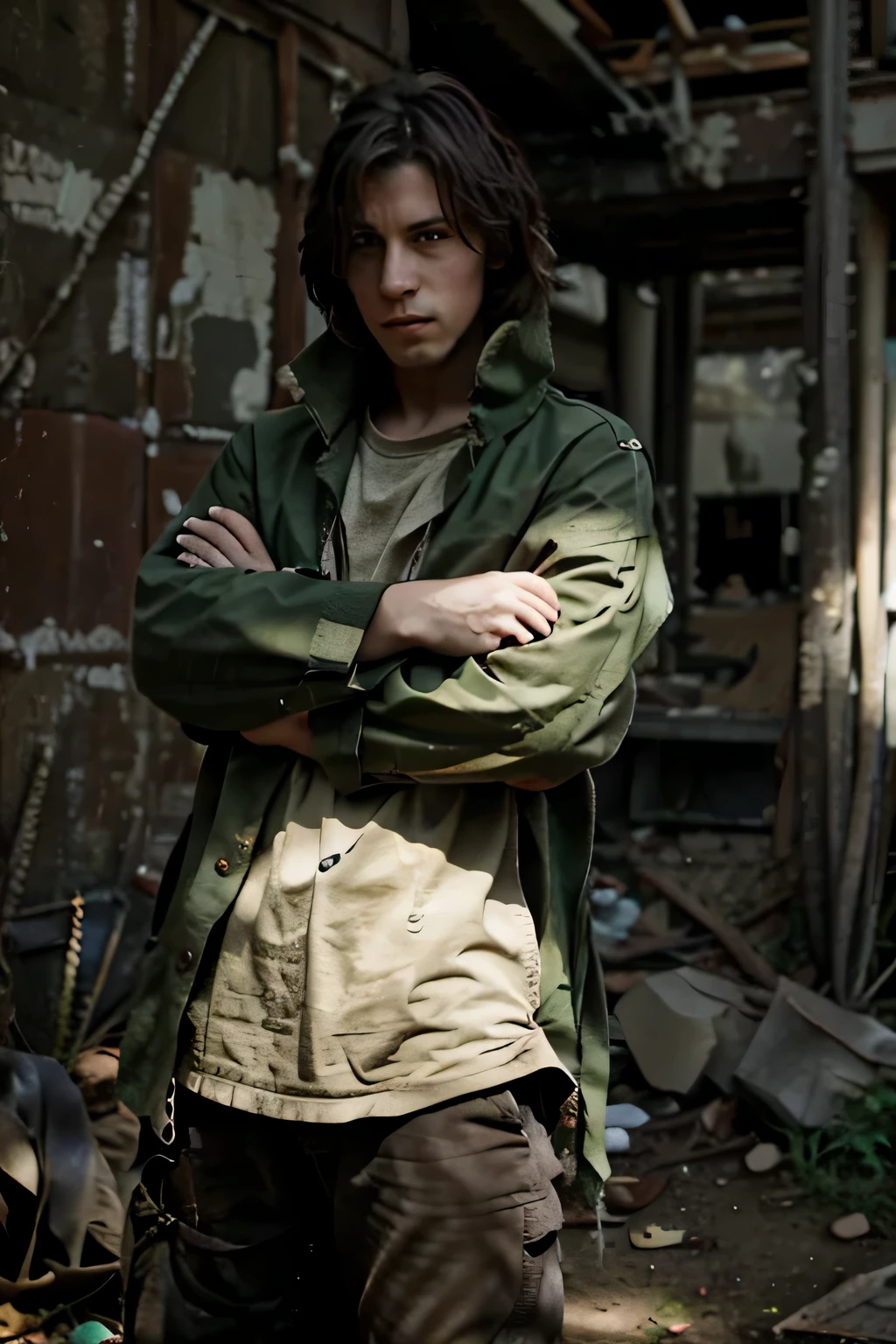 a male character with shoulder length brown hair. He's wearing a green jacket, and over that he is wearing a brown poncho. Leaning against a wall, arms crossed. He is outside, in the ruins of a city, you can see the buildings in the distance