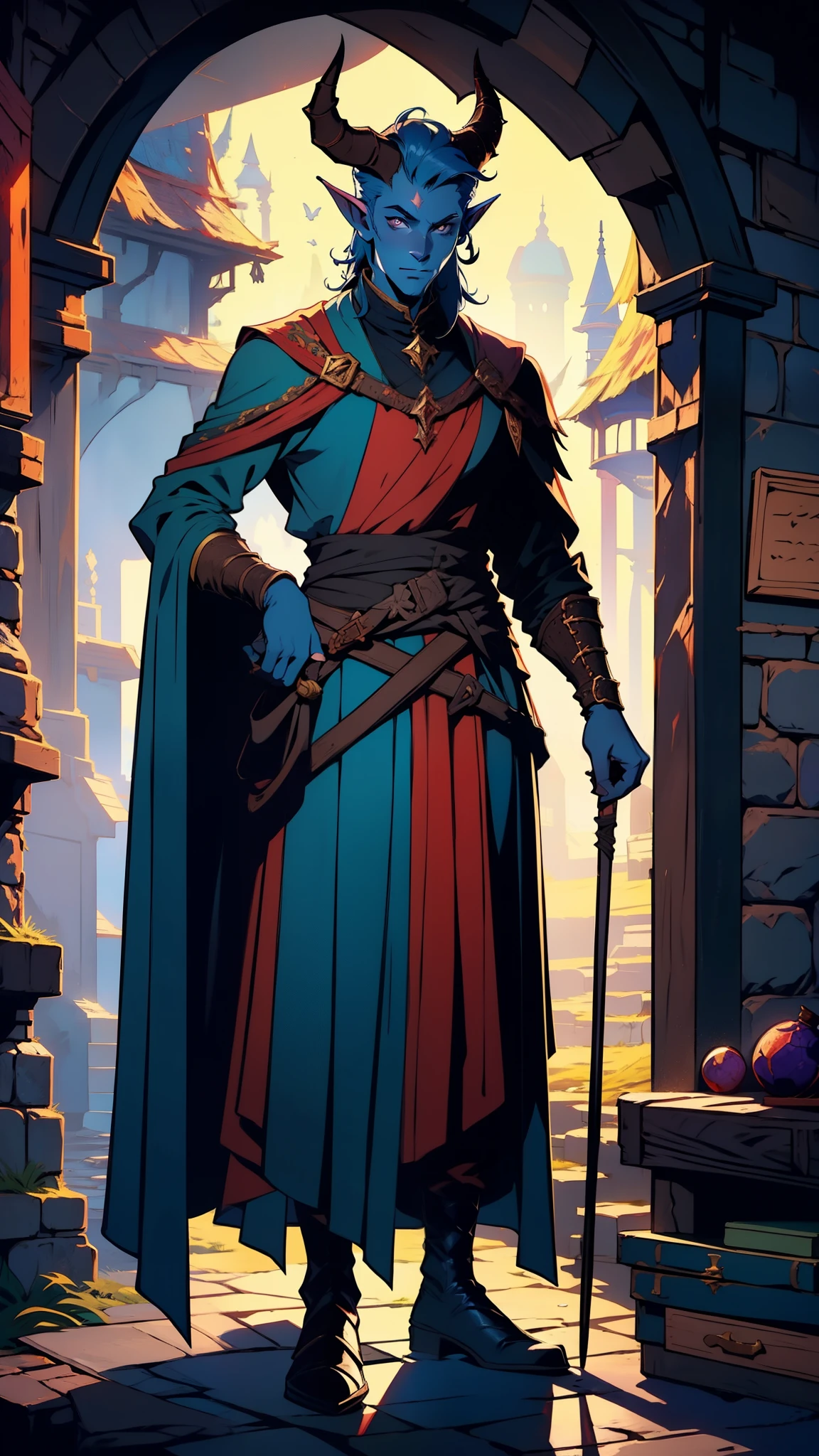 masterpiece, 1man, extremely detailed character, full body shot, best quality, dnd, dungeons and dragons, (Tiefling), (Warlock), colored skin, horns, pointy ears, medieval era, fantasy clothes, anime style, (medieval dark wizard outfit)