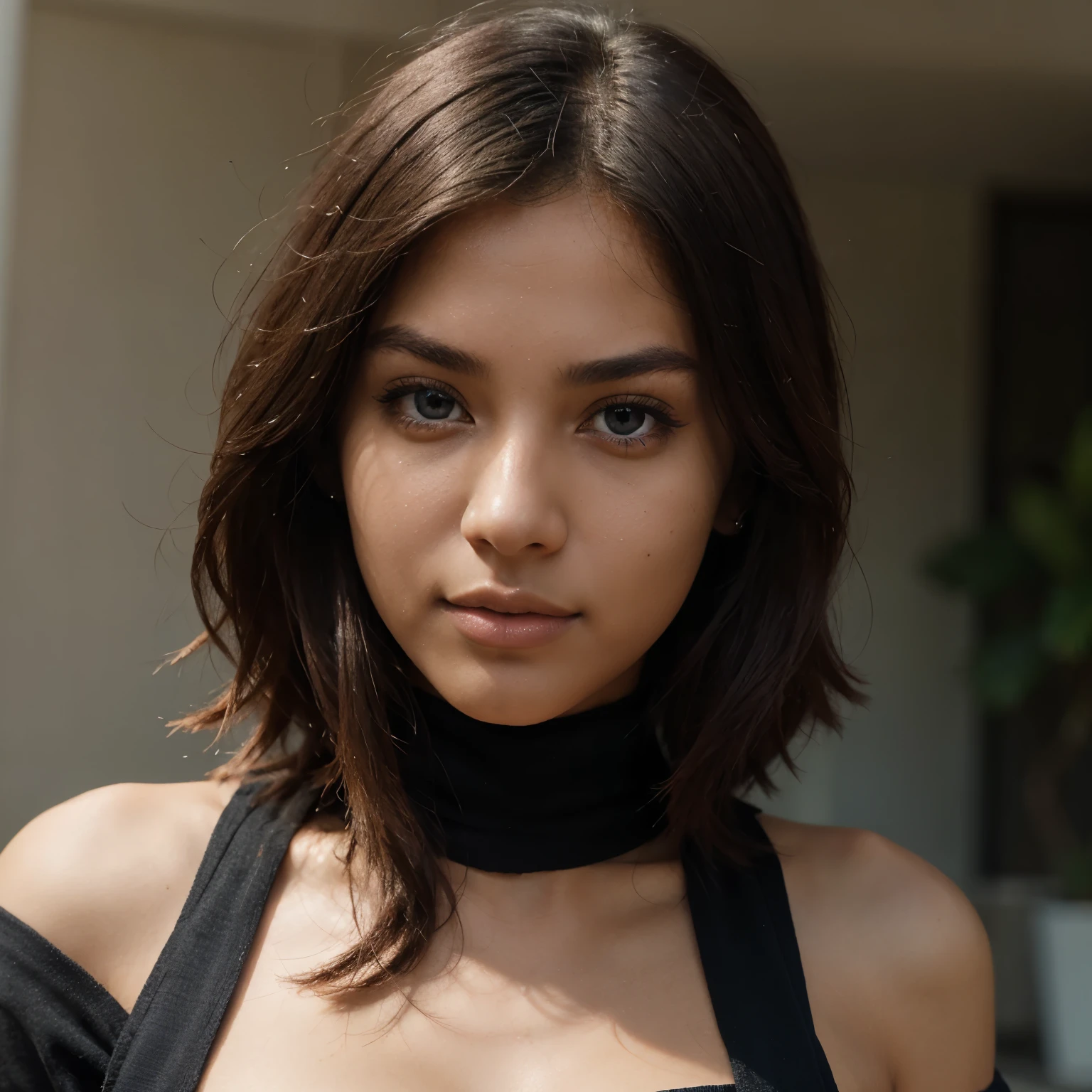 Creates a digital social media influencer, 23 years old, black skin color, with soft skin tone, deep blue eyes, a thin nose, with a 's face, realistic photography