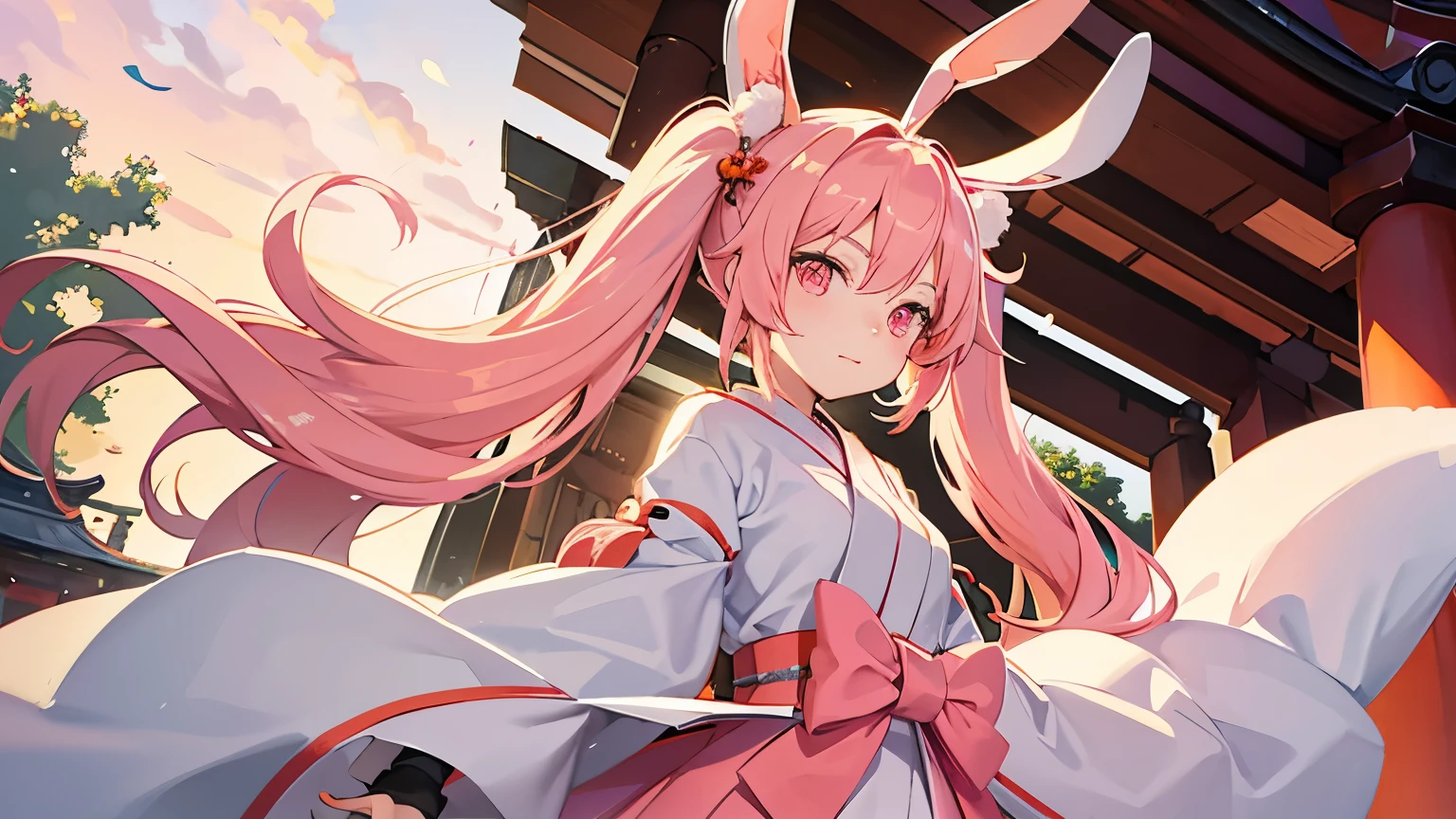 beautiful illustrations, highest quality, pretty girl, long fluffy rabbit ears, twin tails,pastel colour, pink long hair,pale pink eyes,Fushimi Inari Shrine,shrine maiden,Kyoto