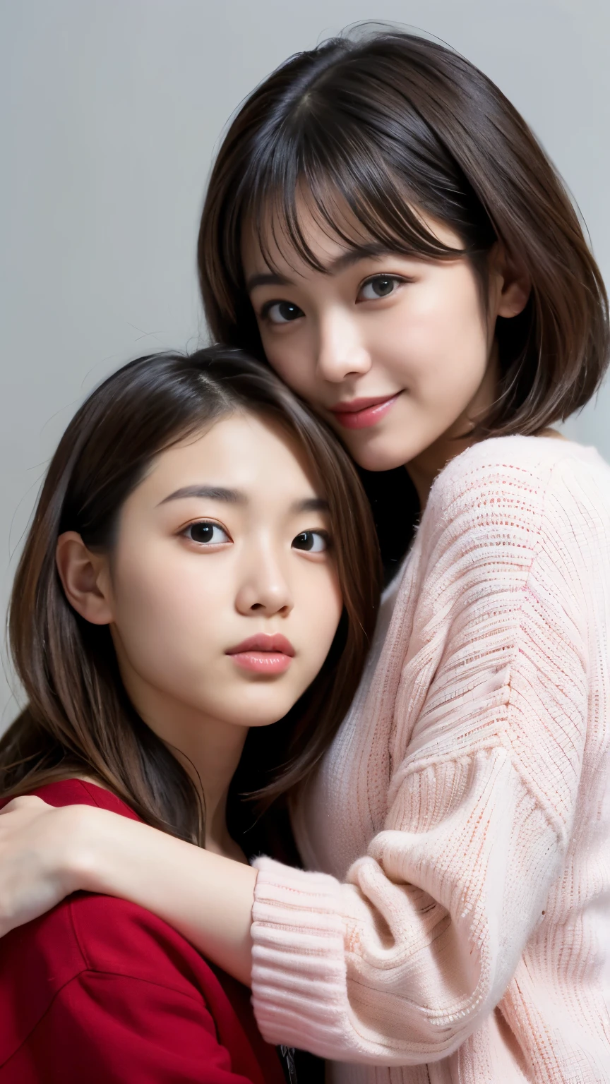 Best-quality, Masterpiece, Ultra-High-Resolution, (Photorealistic:1.4), Raw-Photo, (((lesbian-couple))), (1-girl is the most famous Japanese idol and 15-years-old, extremely cute face, extremely beautiful big-solid-circle-eyes, extremely beautiful short-cut-haired), (1-woman is the most famous Japanese actress and 30-years-old, extremely beautiful face, extremely beautiful big-eyes, extremely beautiful long-haired), both extremely beautiful skins, innocent-smile, both wearing winter-clothes