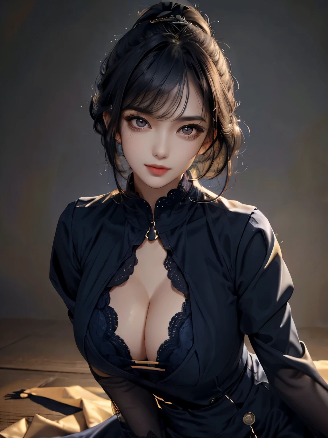 (masterpiece:1.3), best quality, high resolution, ultra detailed, extremely detailed CG unity 8k wallpaper, realistic, photo-realistic, RAW photo, beautiful detailed face, detailed cloth texture, detailed hair texture, accurate, Anatomically correct, Highly detailed face and skin texture,　alone girl, beautiful girl, stunning beauty, prom dress, low-cut dress, real, smile,low angle, bending forward,upper body, (slender thighs),  double eyelids, professional camera work, sultry Korean idol, cute Korean idol, fair complexion, (captivating expressions: 1.2), (Random color clothes), (Oversized Jacket), (ample bosom: 1.2), (poses emphasizing the chest: 1.6), ((adorable beauty: 1.1)), beautiful chest, (blurry background), ponytail hairstyle, (beautiful short black hair, curly, sleek hair, bangs), beautiful face and eyes, (large dark navy eyes: 1.6), Beautiful charming smile lip, slender waist, more_details:-1, more_details:0, more_details:0.5, more_details:1, more_details:1.5, glowify