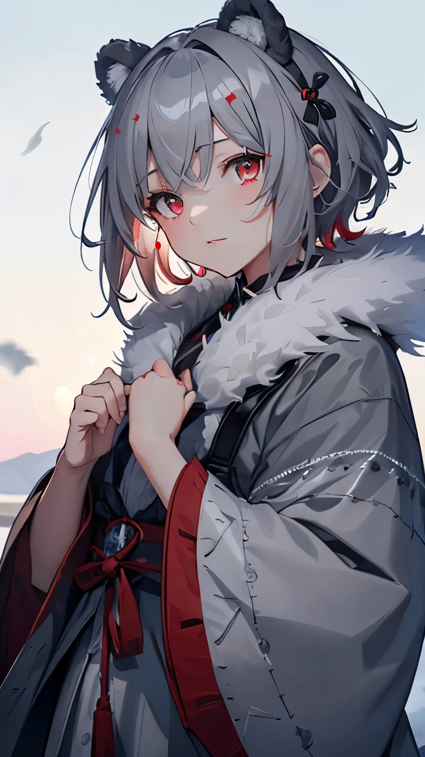 Idol、masterpiece、highest quality、beautiful expression、absurd、nffsw、(、particle:1.5)、(bloom、shine:1.4)、(laughter)、(short gray hair、red eyes:1.7)、sharp focus、Photoreal、High resolution、most detailed、super detailed、detailed face and eyes、sharp pupils、realistic student、sharp focus、 shiny skin、(snow scene、moon、bonfire)、snow mountain、dynamic, cinematic lighting,Bear ears,Ainu pattern,fur,Light blue clothes