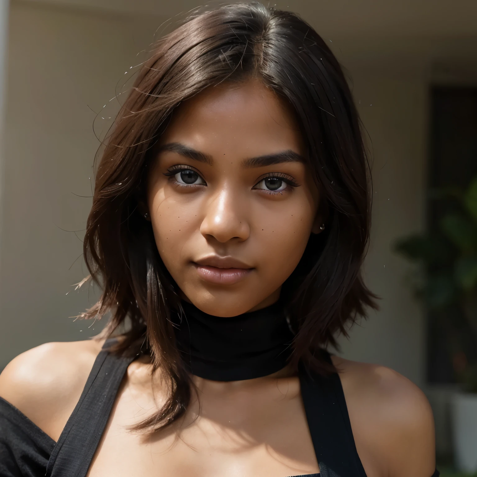 Creates a digital social media influencer, 23 years old, black skin color, with soft skin tone, deep blue eyes, a thin nose, with a 's face, realistic photography