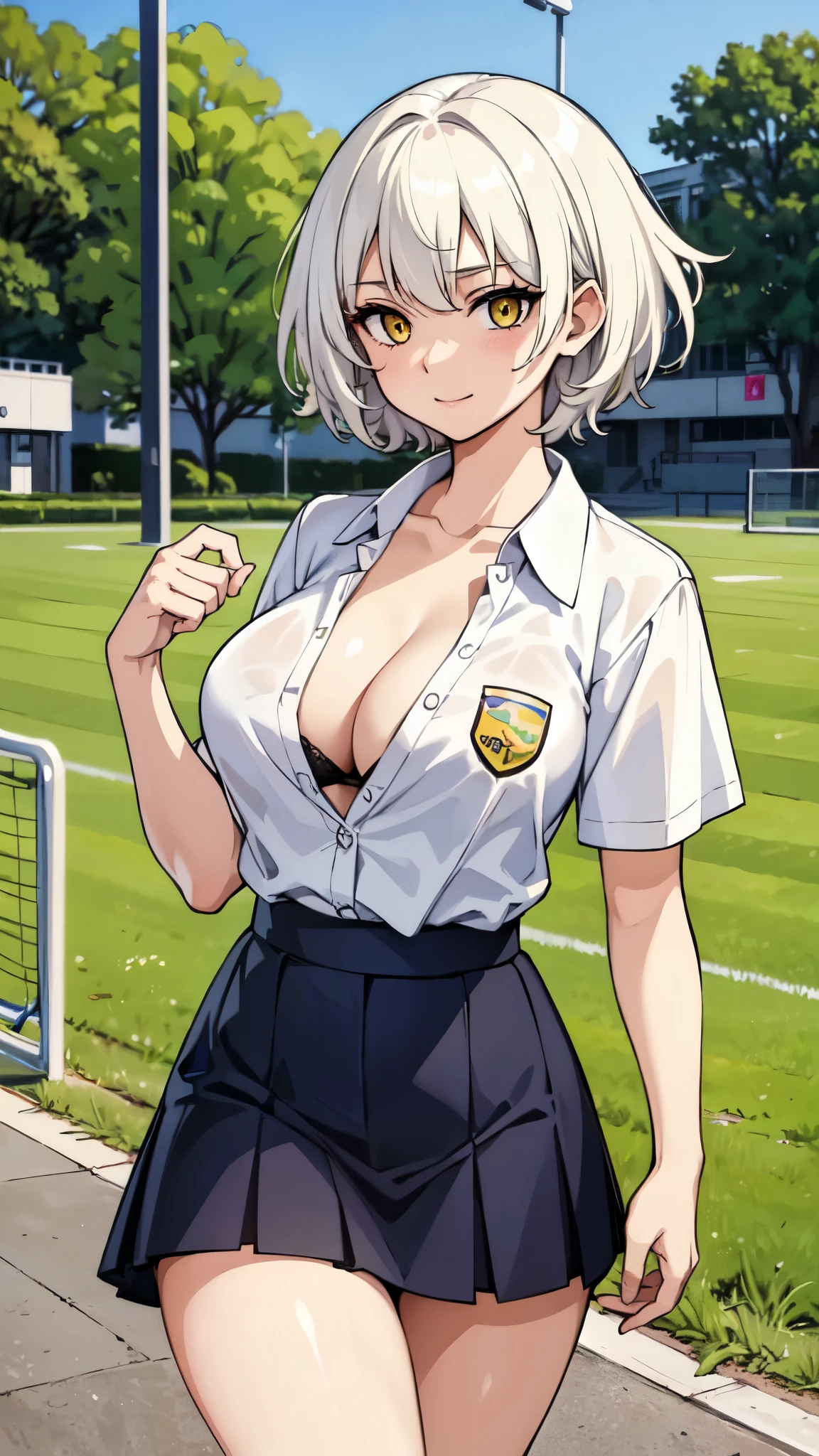 ((Highest quality)), (masterpiece), 1girl, college student, very short hair, messy hair, white hair, slant eyes, yellow eyes, fair skin, large breasts, glamorous body, looking away, delighted face, walking, school uniform, cleavage, school sports ground