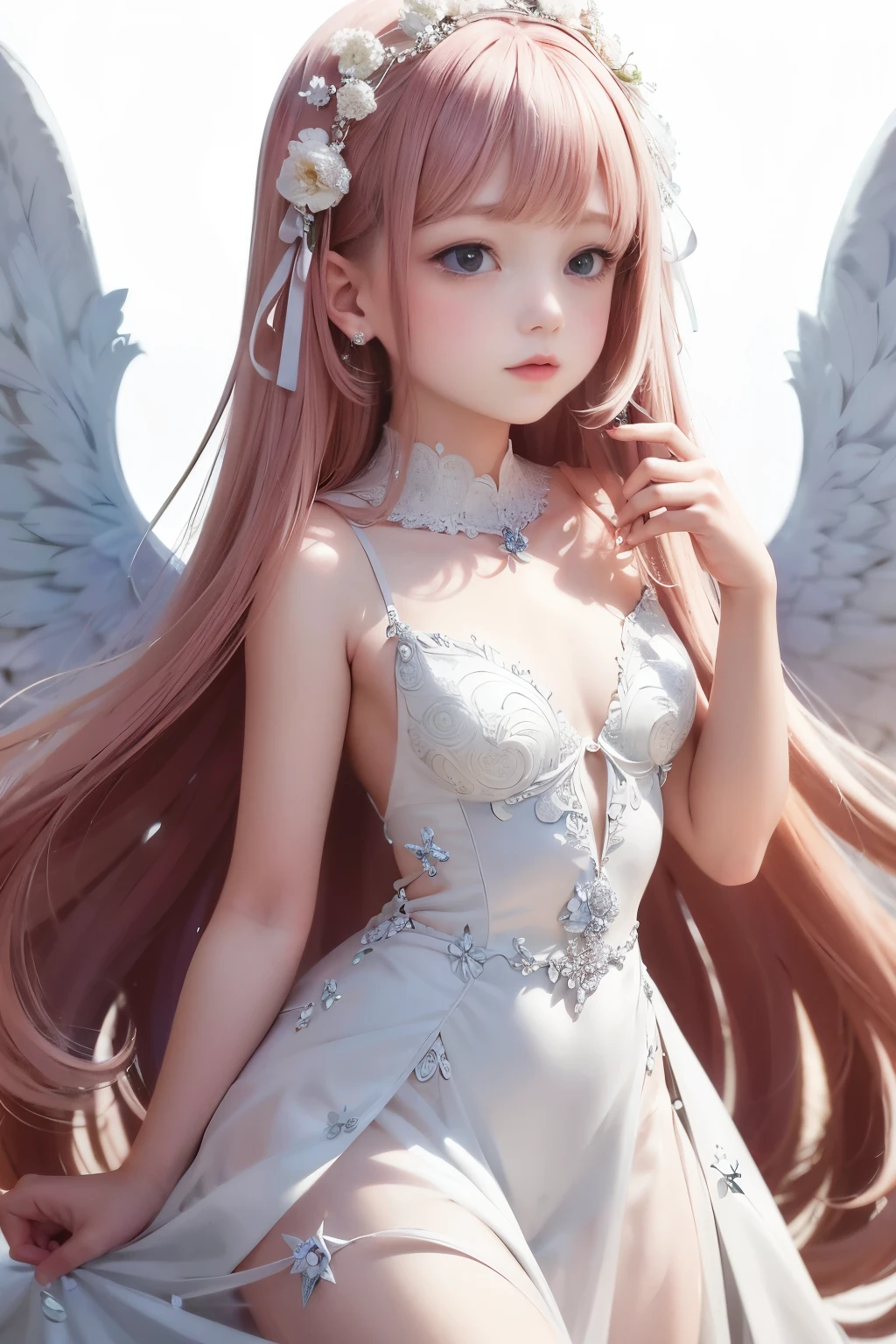An ethereal young girl with pink cascading curls stands against a pristine white background. Her delicate wings, reminiscent of those of an angel, spread behind her. Adorned in a stunning white gown that flows gracefully around her, her skin seemingly emits a gentle, ethereal glow. With her arms raised above her head, the girl projects an air of serenity and innocence. (best quality:1.0, masterpiece, ultra highres:1.0, 8k, intricate details)