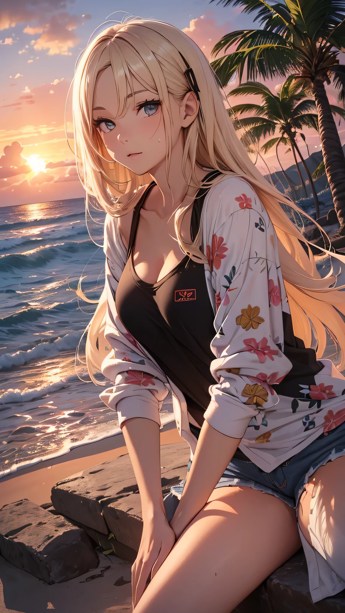 最high quality、best image quality、masterpiece、teenage girl((18-year-old、 By becoming、vest bust、medium bust,wide open breast tea、black eye, blonde hair、Habitual hair、long hair、thin,highest valley、blue shorts、attractive face、heart tattoo、black aloha shirt、physical education sitting、sweating、like、Stay close to your audience、leaning forward)),high quality、beautiful art、background((Hawaii、Waikiki、Palm tree、beach、sunset))debris flies、Depth of written boundary、movie、visual art、perfect art、8K,genuine