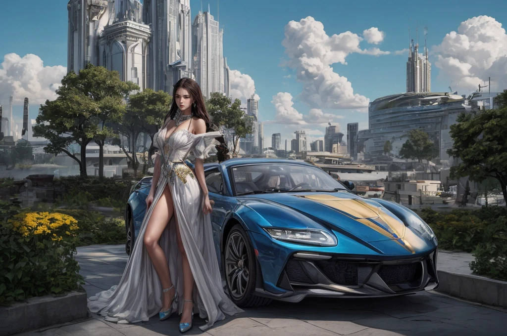 Incredible fantasy city, mega skyscrapers, flying cars, space elevator towers, Super Detail, trees, flowers, Many different buildings, spaceships in the sky, Ultra detail, many elements, blue and gold, yellow numbers on the towers, Character incredibly beautiful girl, posing in front of a ретро car, full length, stands on the balcony, leash around the neck, , submission, disturbance, aggressive car shape, expensive convertible., Incredibly beautiful face, very detailed face, Detailed eyes, detailed hair, Expensive earrings,  piercing, diamonds, Emeralds, Rubies, turquoise, correct , Thin body, Super Detail тела, many small details of the dress, Incredible fantasy city, mega skyscrapers, flying cars, space elevator towers, Super Detail, trees, flowers, Many different buildings, spaceships in the sky, Ultra detail, many elements, blue and gold, yellow numbers on buildings, straight and smooth lines, Street, evening, A lot of cars, sharp lines, contrast, City River, water fall, trees по берегу, fault in the earth&#39;s square, deep crevice, You can't see the ground, Very high, helicopter landing pads, interceptor hangars, золотой автомобить, неоновая подсветка днища, цветы, много цветов яркого красного цвета, ретро автомобиль, винтажный автомобиль 1939 года, одета в белой майке, мокрая майка , дождь, мокрый асфальт, на голове яркая индейская корона с перьями и цветами, наводнение, брызги от капель,