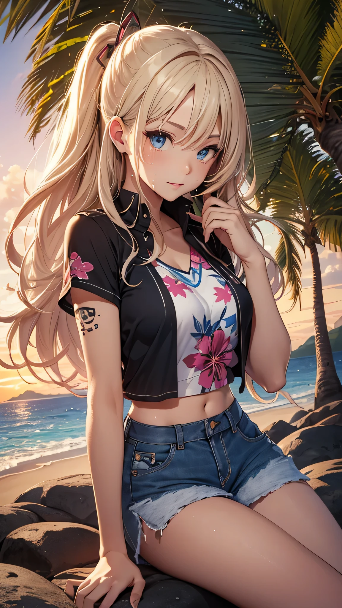 最high quality、best image quality、masterpiece、teenage girl((18-year-old、 By becoming、vest bust、medium bust,wide open breast tea、black eye, blonde hair、Habitual hair、long hair、thin,highest valley、blue shorts、attractive face、heart tattoo、black aloha shirt、sweating、like、Sleep on the ground、hair blowing in the wind)),high quality、beautiful art、background((Hawaii、Waikiki、Palm tree、beach、sunset))debris flies、Depth of written boundary、movie、visual art、perfect art、8K,genuine