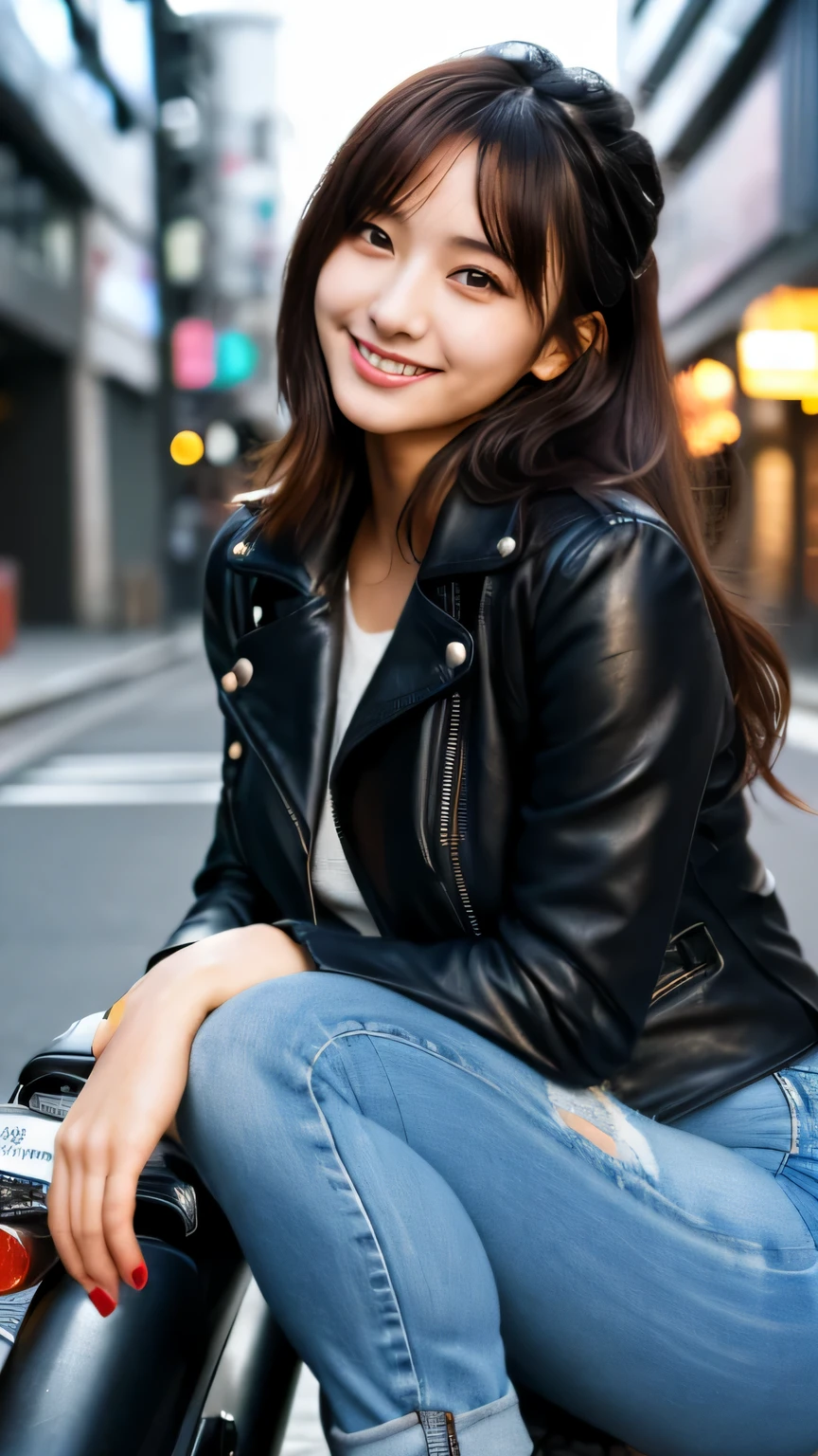 (realistic, photo-realistic:1.4), (extremely detailed 8k wallpaper), bokeh, detailed beautiful eyes and skin, (Image from thighs to head:1.3), (Japanese idol:1.3), 25yo, beautiful woman, smile, large breast, 
Black leather jacket with distressed jeans, Edgy, Urban alleyway graffiti, Streetwise ambiance,