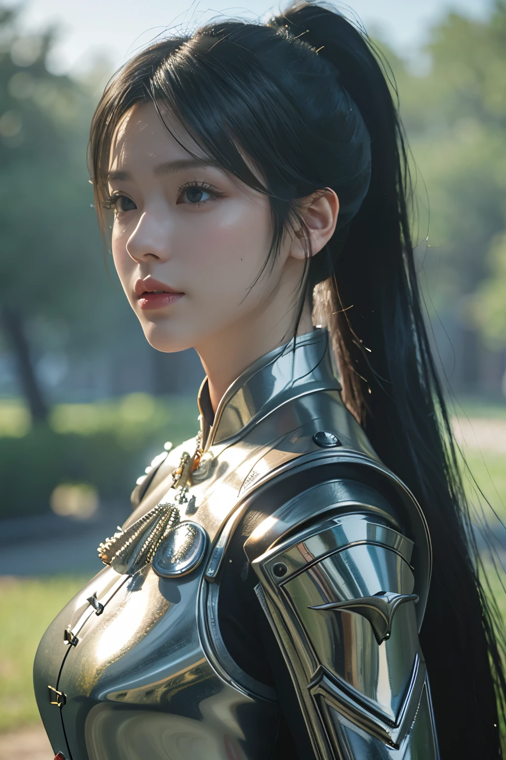 Game art，The best picture quality，Highest resolution，8K，(A bust photograph)，(Portrait)，(Head close-up)，(Rule of thirds)，Unreal Engine 5 rendering works， (The Girl of the Future)，(Female Warrior)， 
20岁少女，An eye rich in detail，Ponytail hairstyle，(Big breasts)，优雅高贵，冷漠，勇敢的，
（Medieval knight armor combined with magical elements，A complex pattern of magic，A dress characteristic rich in detail，Jewelry），Medieval Lady Knight，
拍照姿势，简单背景，Movie lights，Ray tracing，Game CG，((3D Unreal Engine))，oc渲染反射纹