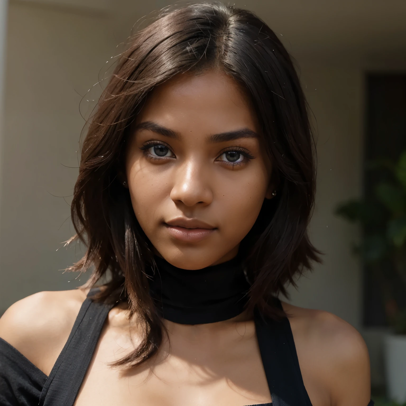 Creates a digital social media influencer, 23 years old, black skin color, with soft skin tone, deep blue eyes, a thin nose, with a 's face, realistic photography