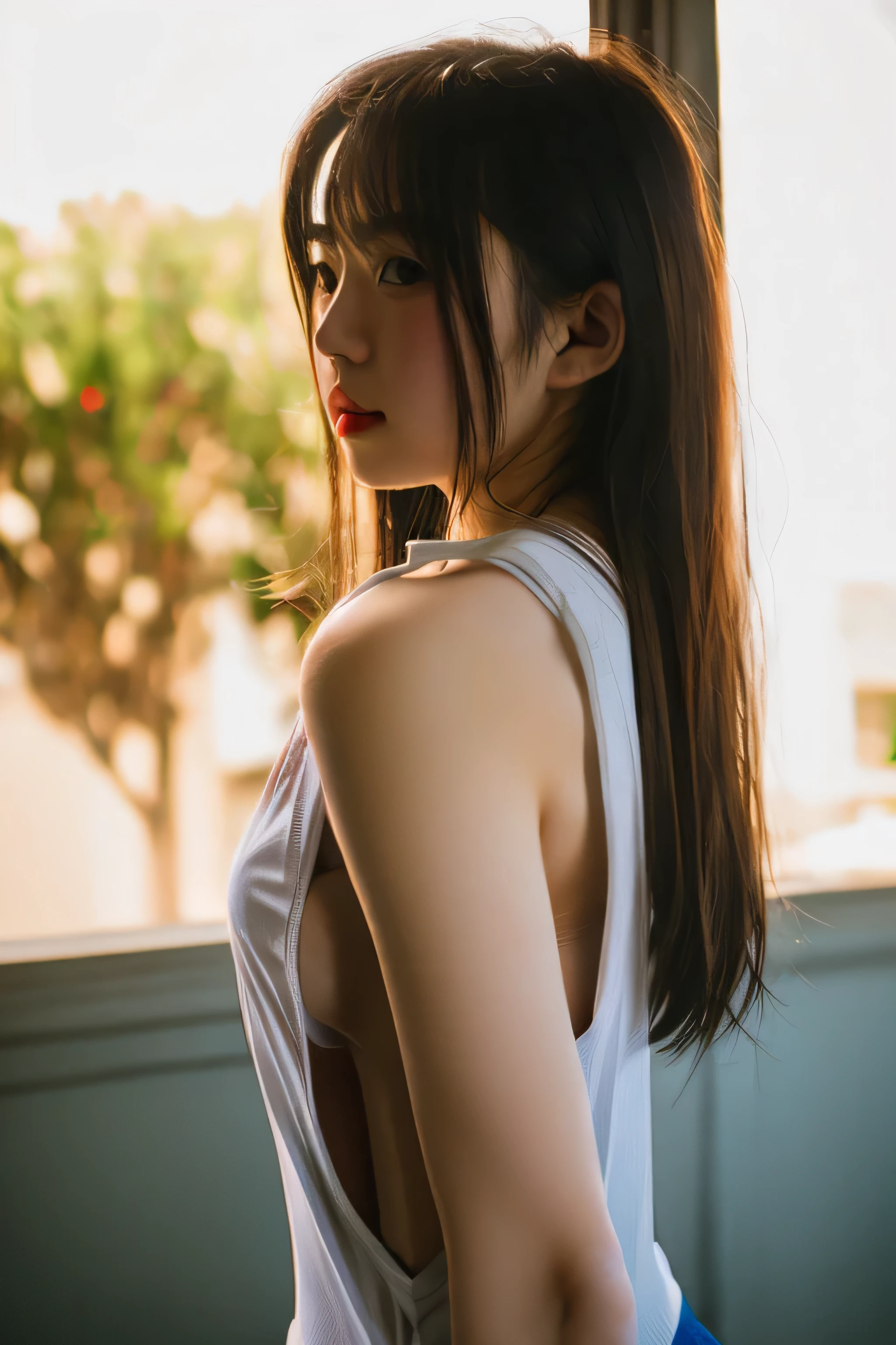 Photo of a Japanese woman wearing white clothes (Tank top:1.4) , side boob, cute, , (thin sexy clothes), black hair, short hair, looking at the viewer, realism, video effects, Volume measurement Lighting, Volume measurement Light, Volume measurement, Natural light, advanced details, detailed and complex, intricate details, high intricate details, Huge amount of details, confused, High resolution, medium shot, single shot, shallow focus, lips, medium breasts, Strong sunlight from behind, cinematic lighting,