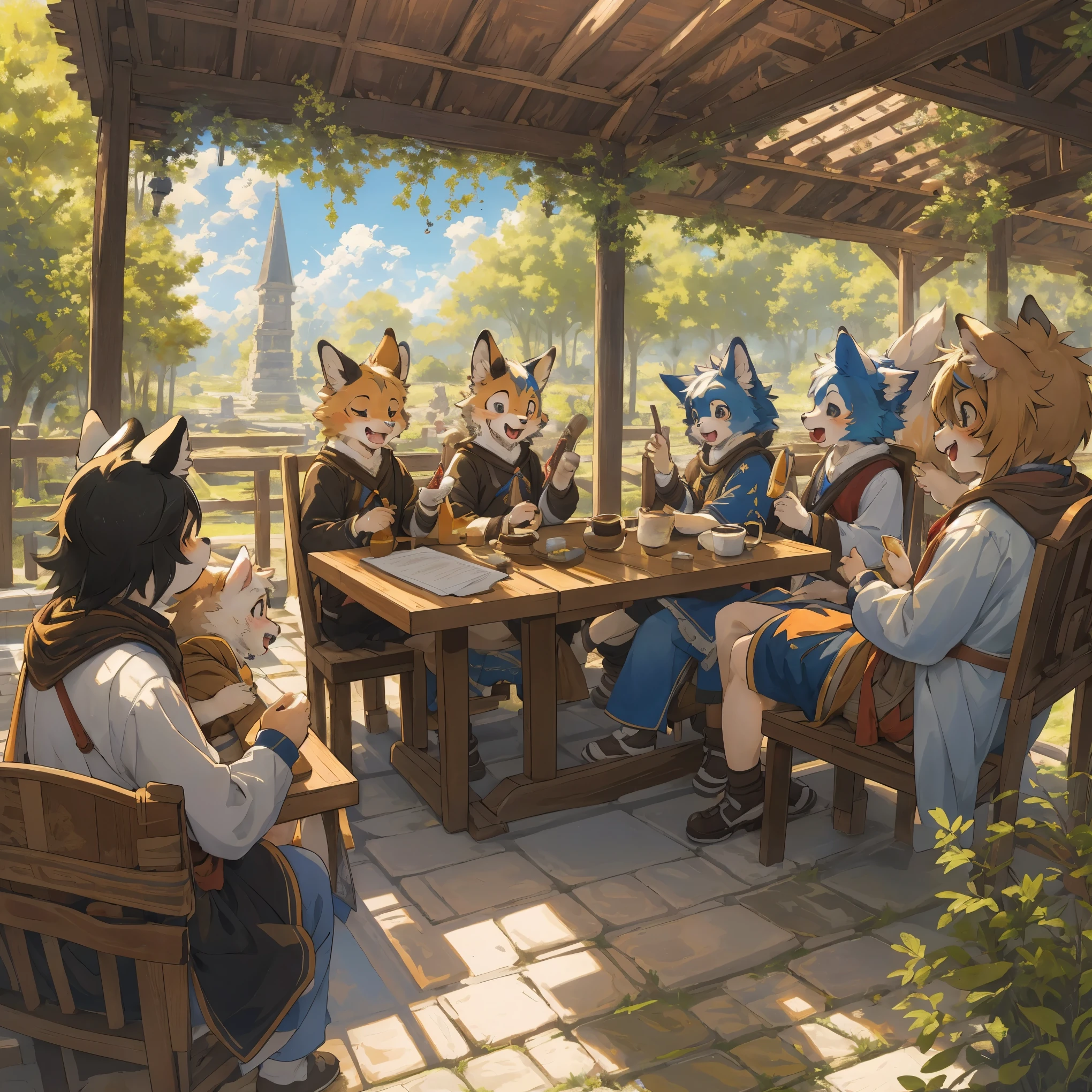 cover_page, highres, top quality, best quality, paid reward available, High-quality illustrations, unparalleled masterpiece, perfect artwork, absurdres, super high resolution, detailed background, World Heritage Site, 6+boys, 6+girls, Happy, joyful(Photos of travelers)(kemono, furry anthro),