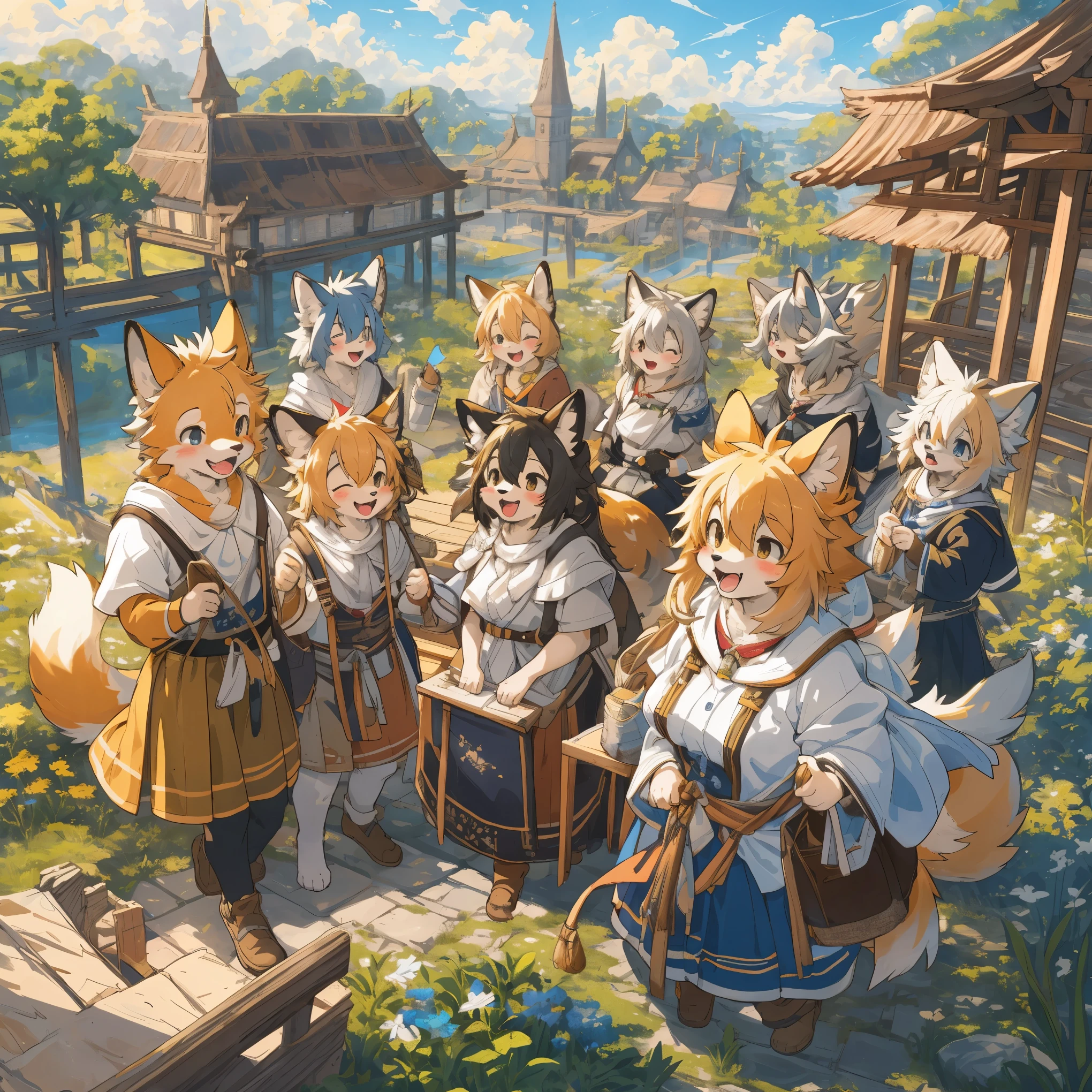 cover_page, highres, top quality, best quality, paid reward available, High-quality illustrations, unparalleled masterpiece, perfect artwork, absurdres, super high resolution, detailed background, World Heritage Site, 6+boys, 6+girls, Happy, joyful(Photos of travelers)(kemono, furry anthro),