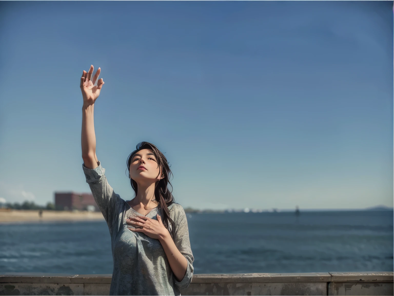 There is a woman standing by the water with her hands raised., 해를 바라보며 praying하다, arms outstretched, The magic that emanates from the palm of her hand, praying를 하다, praying하는 자세, pexel, Writer : Kurt Roesch, Arms stretched wide, pointing to heaven, Digital Enhancement, praying, meditating,, Focus on the whole body, praise the sun