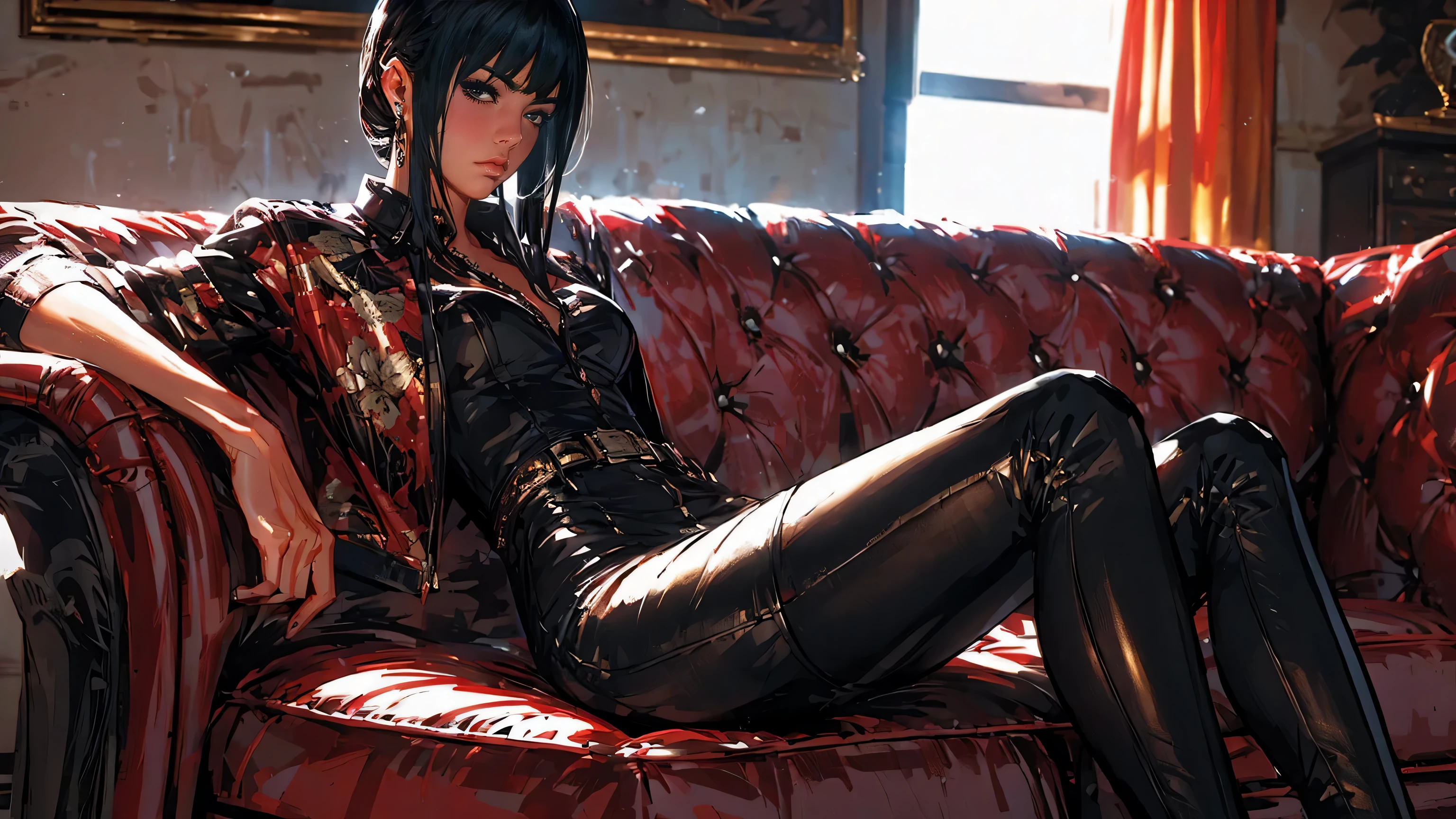 ( 8K, masterpiece, High quality, Digital art, beautiful and aesthetically pleasing, hyper detailed, Anime Aesthetics CG) Character sitting on the sofa