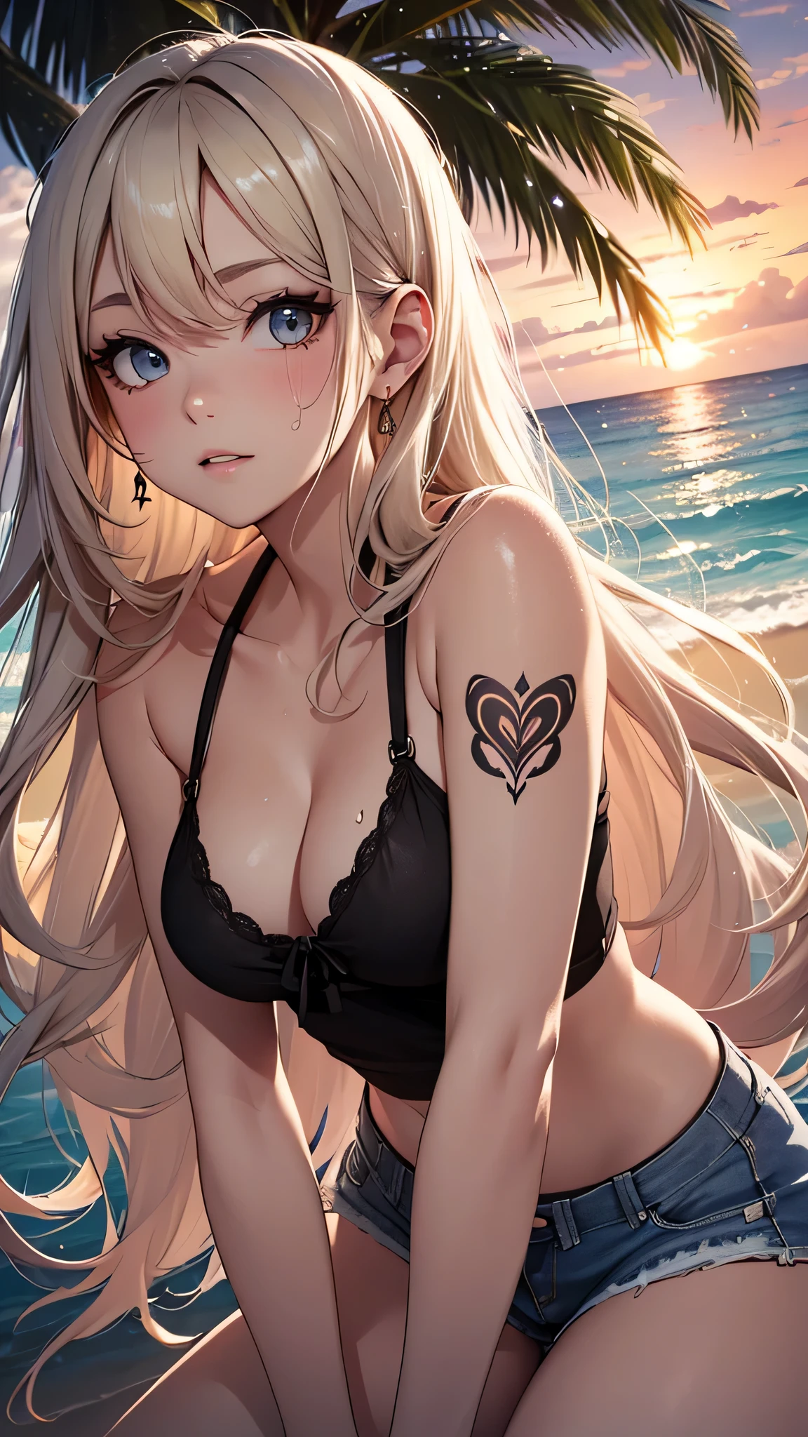 最high quality、best image quality、masterpiece、age girl((18-year-old、 By becoming、vest bust、medium bust,wide open breast tea、black eye, blonde hair、Habitual hair、long hair、thin,highest valley、blue shorts、attractive face、heart tattoo、black aloha shirt、physical education sitting、sweating、like、Stay close to your audience、leaning forward、hair blowing in the wind)),high quality、beautiful art、background((Hawaii、Waikiki、Palm tree、beach、sunset))debris flies、Depth of written boundary、movie、visual art、perfect art、8K,genuine