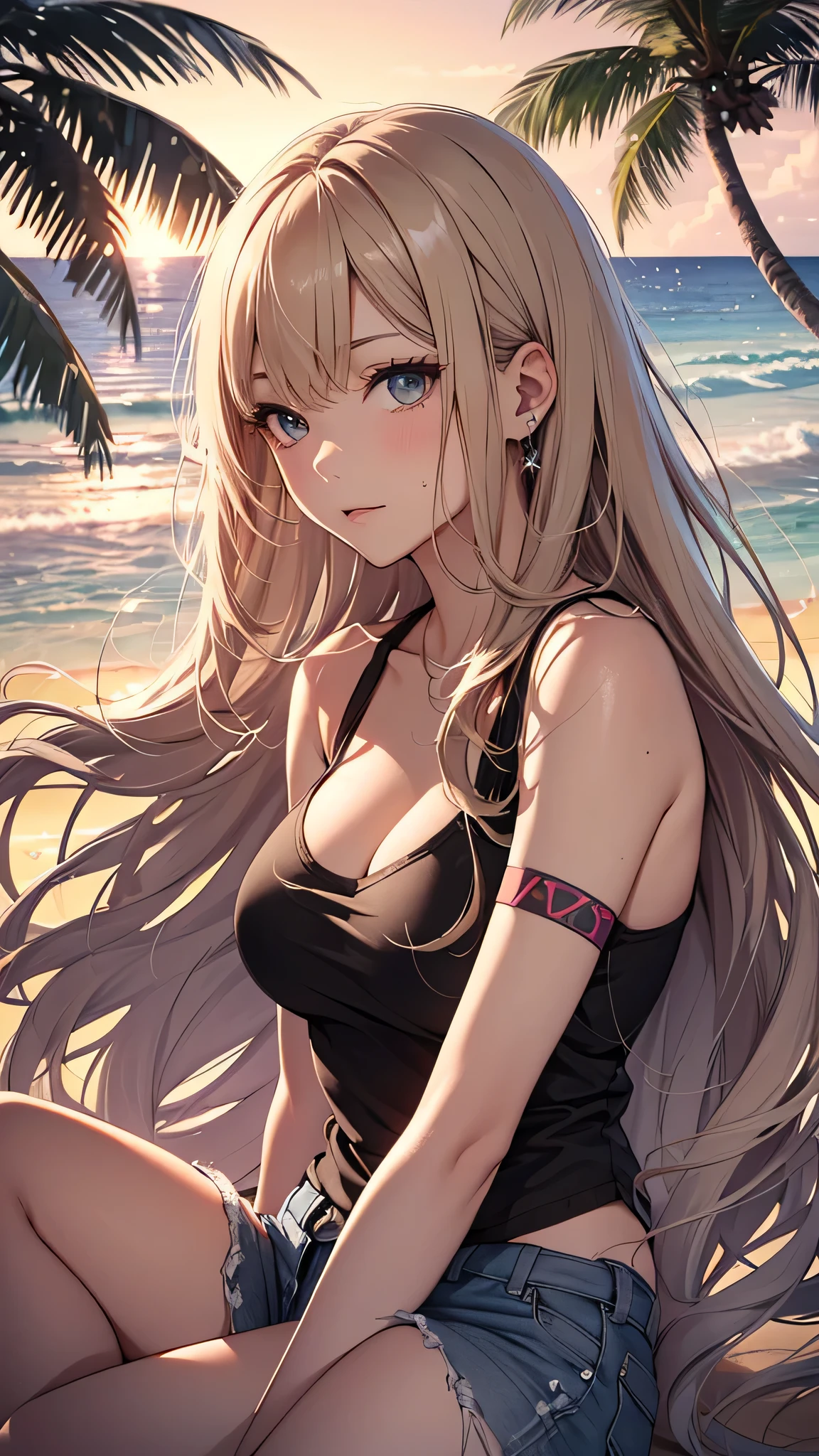 最high quality、best image quality、masterpiece、age girl((18-year-old、 By becoming、vest bust、medium bust,wide open breast tea、black eye, blonde hair、Habitual hair、long hair、thin,highest valley、blue shorts、attractive face、heart tattoo、black aloha shirt、physical education sitting、sweating、like、Stay close to your audience、leaning forward、hair blowing in the wind)),high quality、beautiful art、background((Hawaii、Waikiki、Palm tree、beach、sunset))debris flies、Depth of written boundary、movie、visual art、perfect art、8K,genuine