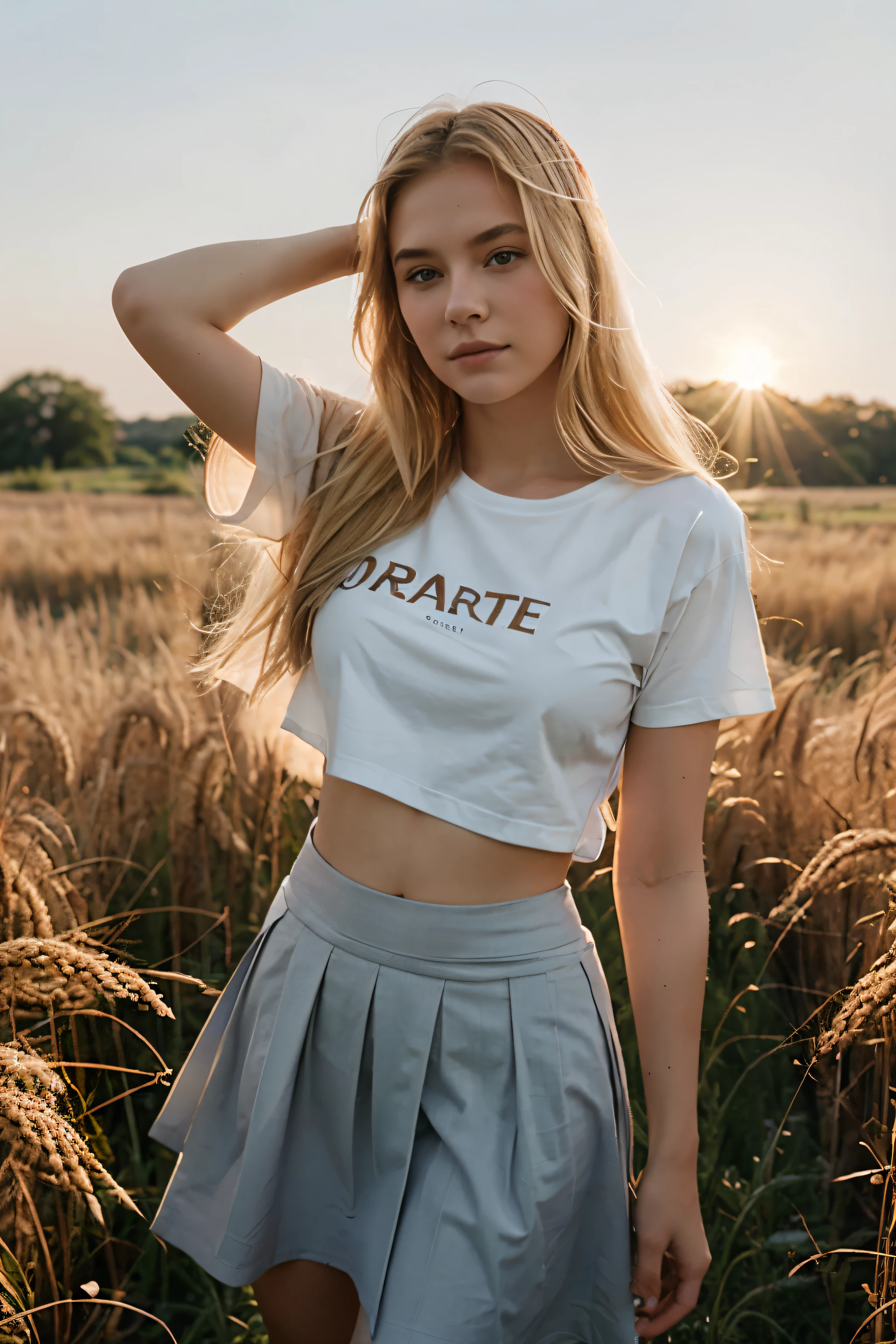 Blonde girl stands in a rye field, reaches for the sun, in a white T-shirt and skirt