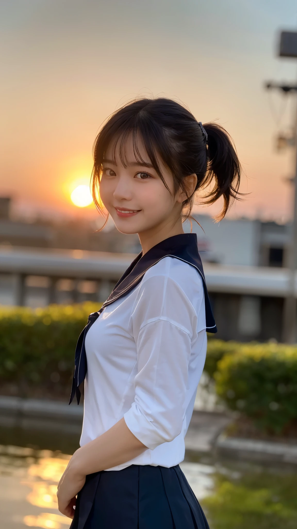 (highest quality,masterpiece:1.3,ultra high resolution),(Super detailed,caustics,8k),(photorealistic:1.4,RAW shooting),A girl turning around with a smile,buckshot,18-year-old,Japanese,cute,black short ponytail,(hair blowing in the wind),sailor suit,(Skirt in the wind),face focus,Face close-up,low position:1.4,low angle full body shot:1.4,Backlight,sunset,sunset sky,
