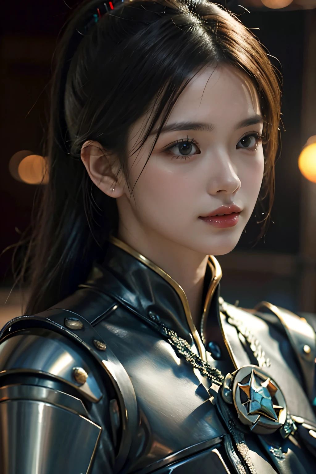 Game art，The best picture quality，Highest resolution，8K，(A bust photograph)，(Portrait)，(Head close-up)，(Rule of thirds)，Unreal Engine 5 rendering works， (The Girl of the Future)，(Female Warrior)， 
20岁少女，((Hunter))，An eye rich in detail，(Big breasts)，优雅高贵，冷漠，勇敢的，
（Medieval-style fur combat clothing，Glowing magic lines，Animal skin clothing with rich details），Medieval Lady Knight，Medieval ranger，
拍照姿势，简单背景，Movie lights，Ray tracing，Game CG，((3D Unreal Engine))，oc渲染反射纹