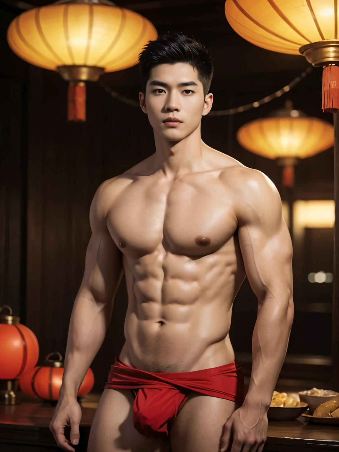 (photorealistic, masterpiece, best quality), handsome asian male, chinese man, young, slim athletic body, wearing nothing,athletic physique, slender, no body hair, wearing only red Loincloth , Realistic, nude, perfect , male , correct male , big bulge, artistic and magical background, chinese mythology, Chinese red lanterns, fireworks, lunar new year inspired, reds and golds, fantasy art,