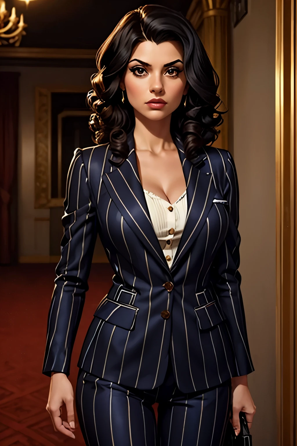 A girl, black hair, curly hair, brown eyes, mobster, bad look, mafia style, striped suit , best quality, masterpiece. 