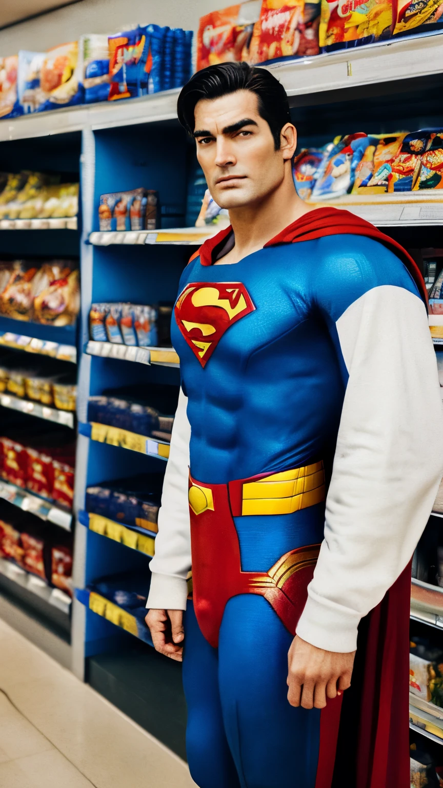 ((Best quality)), ((masterpiece)), (detailed), perfec face, (superman)), 1man, Shopping at convenience stores, realistic, real life