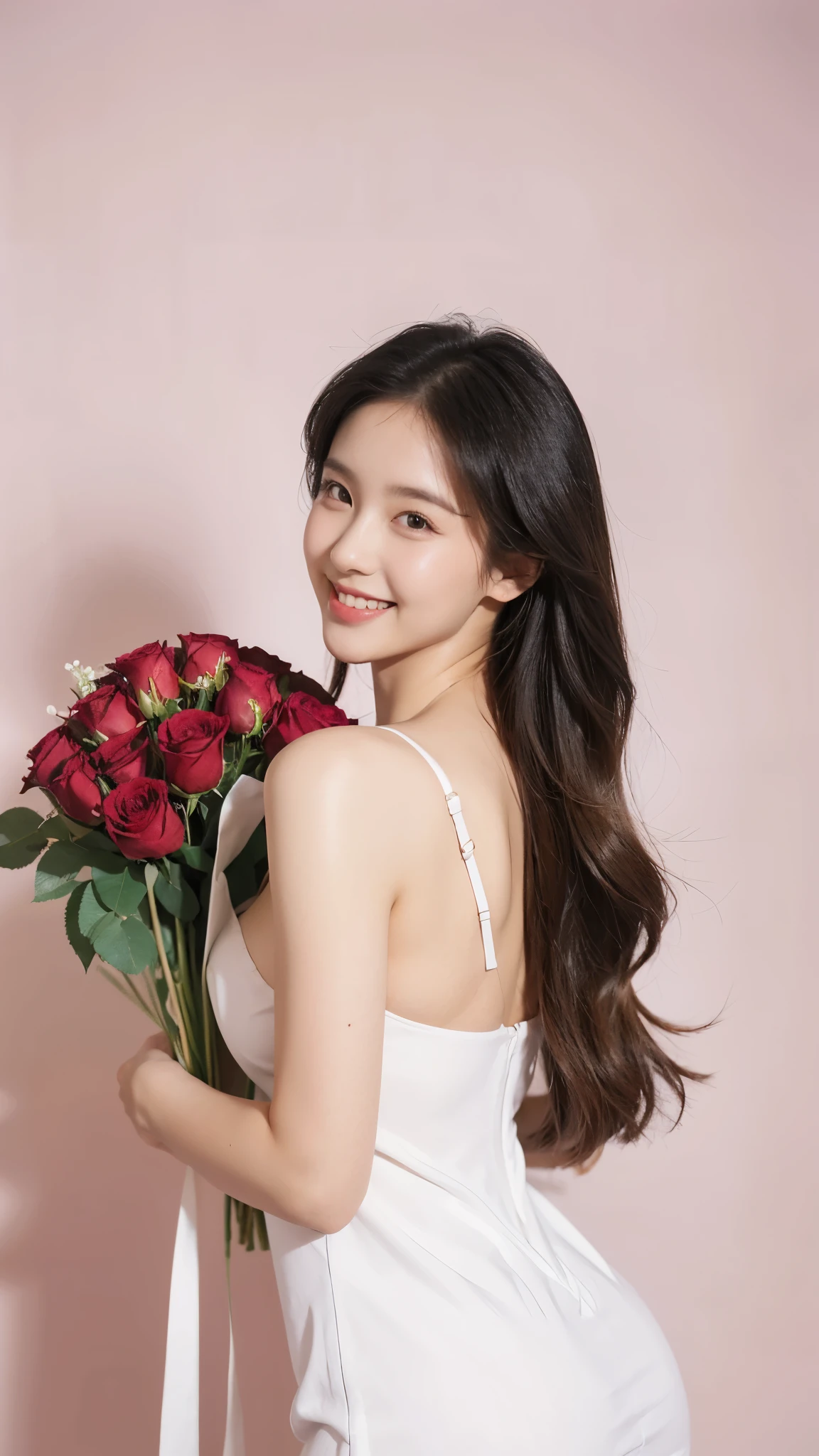 super model photoshot,front view,cute,smile,Superior Quality, Masterpiece, beautiful hand,Ultra High Resolution, (big breast),(Photorealistic: 1.4),Portrait of a sexy super model wearing white sexy dresses inside beautiful studio room with lots of flowers, she is holding a bundle of roses to celetrate valentine's day,valentine style,plain background,front view