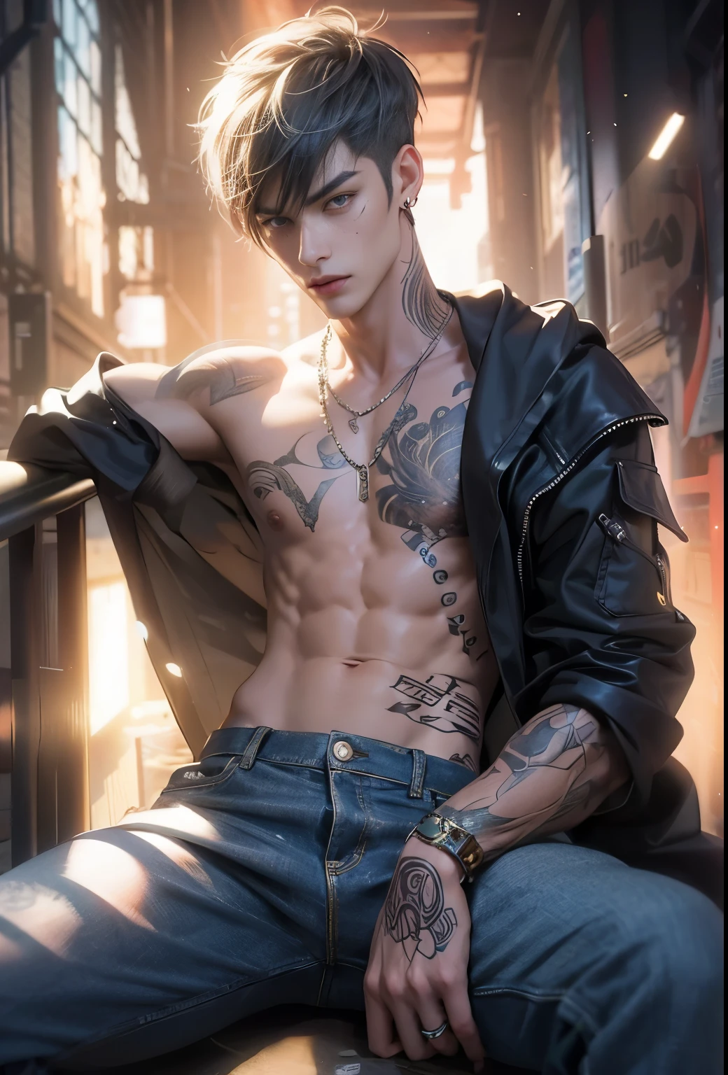  handsome  pose, character, male  style, full body art, handsome guy in demon slayer art, , muscular! cyberpunk, realistic, ultra detail