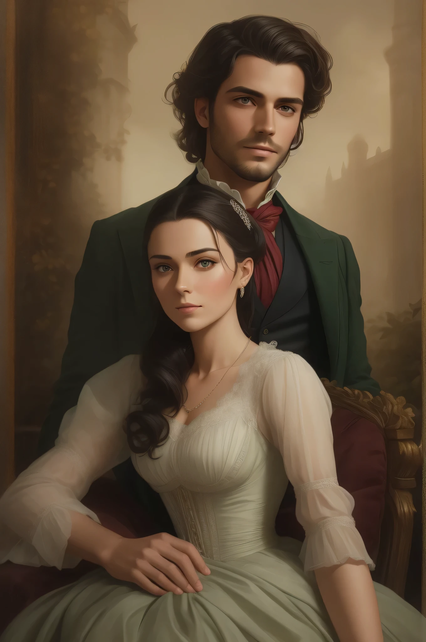 Masterpiece, best quality, RAW, analog style, A stunning portrait of a couple deeply in love in the gardens of a grand English countryside mansion in the year 1850. The man is tall, strong, and tanned handsome with brown wavy messy hair, brown eyes, and is around 30 years old. The woman is delicate with black straight hair styled in a bun, dark green eyes, and full lips, around 19 years old, scarlett ohara perfectly detailed facial traits. The couple is embracing each other passionately. Create a masterpiece realistic illustration with intricate details capturing their love and emotions. Use clothes appropriate for the time period, and ensure the artwork is highly detailed. Please pay close attention to the details, such as the highlights and shadows on face and hair, to create a lifelike and realistic image. Experiment with different lighting techniques to enhance the mood and atmosphere of the portrait. The final product should be a masterpiece that captures the essence and beauty of the couple, ((highly detailed skin, skin details)), sharp focus, volumetric fog, 8k UHD, DSLR, high quality, film grain, Fujifilm XT3