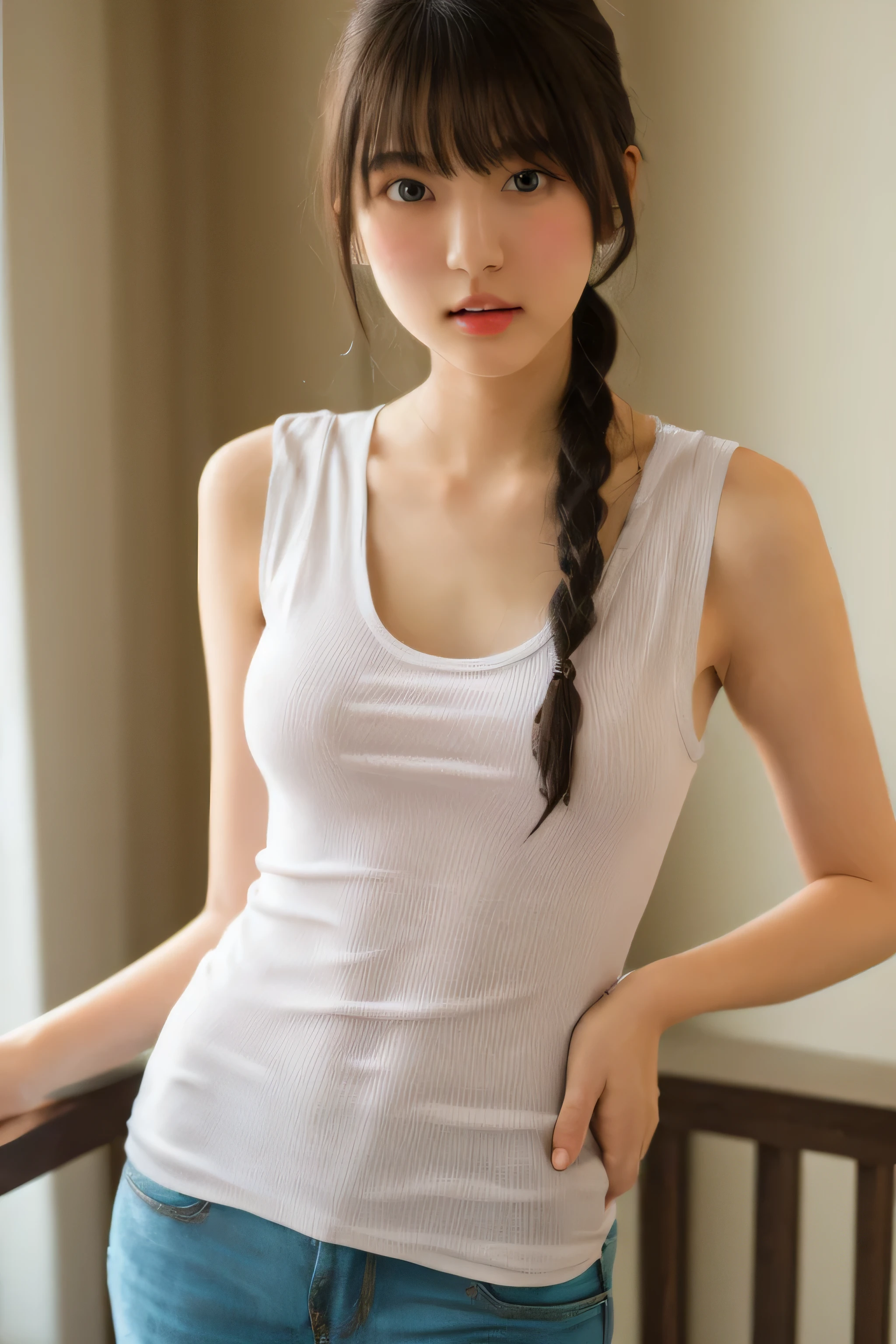 Photo of a Japanese woman wearing white clothes (Tank top:1.4) , side boob,  cute, Shyness, ************, (((thin sexy clothes:1.4))), black hair, short hair, Braid, looking at the viewer, realism, video effects, Volume measurement Lighting, Volume measurement Light, Volume measurement, Natural light, advanced details, detailed and complex, intricate details, high intricate details, Huge amount of details, confused, High resolution, medium shot, single shot, shallow focus, lips, medium breasts,
  