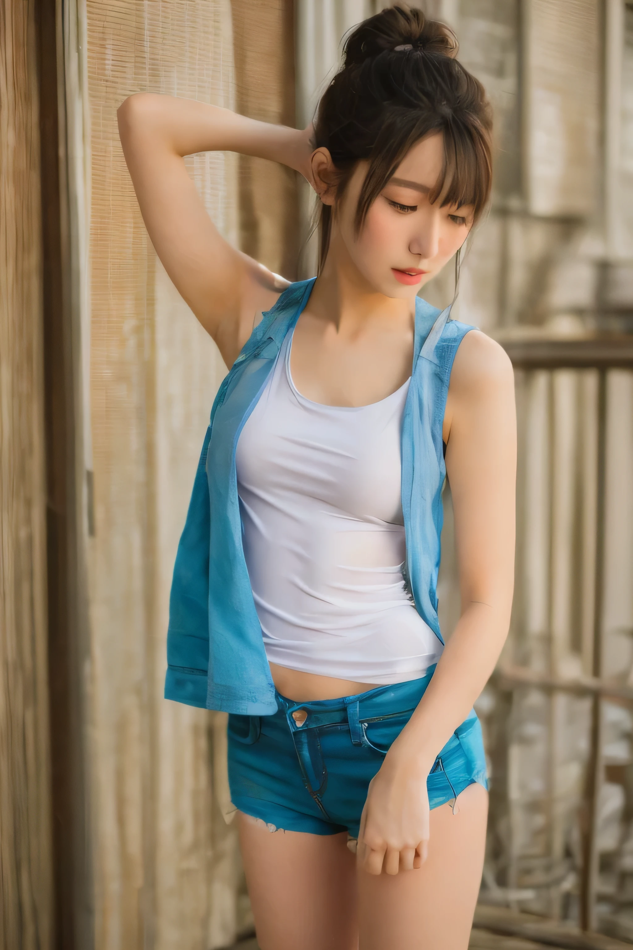 Photo of a Japanese woman wearing white clothes (Tank top:1.4) , side boob,  cute, Shyness, 14 years old, (((thin sexy clothes:1.4))), black hair, short hair, Braid, looking at the viewer, realism, video effects, Volume measurement Lighting, Volume measurement Light, Volume measurement, Natural light, advanced details, detailed and complex, intricate details, high intricate details, Huge amount of details, confused, High resolution, medium shot, single shot, shallow focus, lips, medium breasts,
  