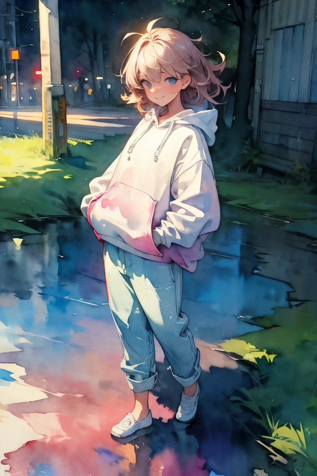 ((Masterpiece)), ((best quality)), (watercolor:1.5), (Professional Photography), (realistic:1.2), 1girl, beautiful age girl, grinning, incredibly absurdness, (Oversized Hoodies), street, plein air, Sateen, neons, messy Hair, medium hair, Brightly colored eyes, (Hands in pockets), shortpants, water dripping, Light particles, (walking on the riverside),