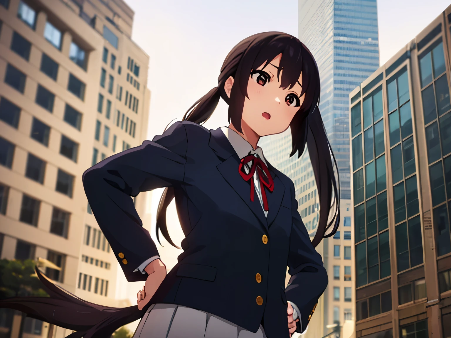 1girl, (((masterpiece))), top-quality, top-quality, High Details, nakano azusa, 1girl, Sakuragaoka High School Uniform,student clothes, Twin-tailed, length hair, A dark-haired, brown-eyed, 独奏, reddish, Dark blue blazer with thin red ribbon, Solid white buttoned shirt under blazer, illustratio, comic strip, soothing tones, Subdued Color, Soft cinematic light, adobe lightroom, photolab, HDR, intricately and hyper-detailed、(((depth of fields))))。(((masterpiece)))。(((top-quality))).)((ultra-detailliert)))。(((illustratio)))。(((takeout))).dynamic focus.small breasts.(((Skyscrapers))).(((A city scape))).(((Face of sadness))). open mouth.(((put hands on the hip))).(((up chest))).