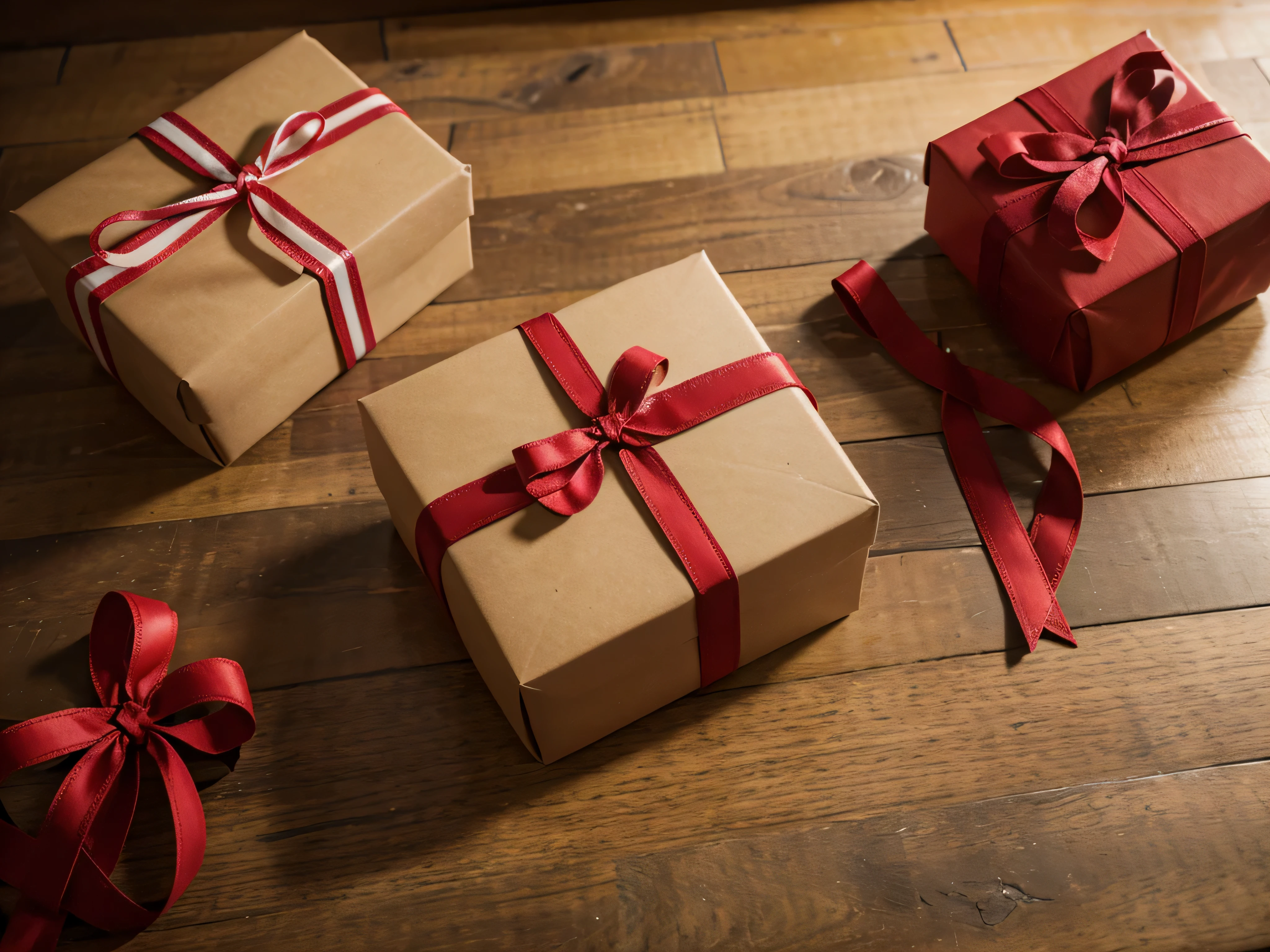 top view gifts on the table with red ribbons left space for text, maquete de banner de site com foto ultrarrealista 4k