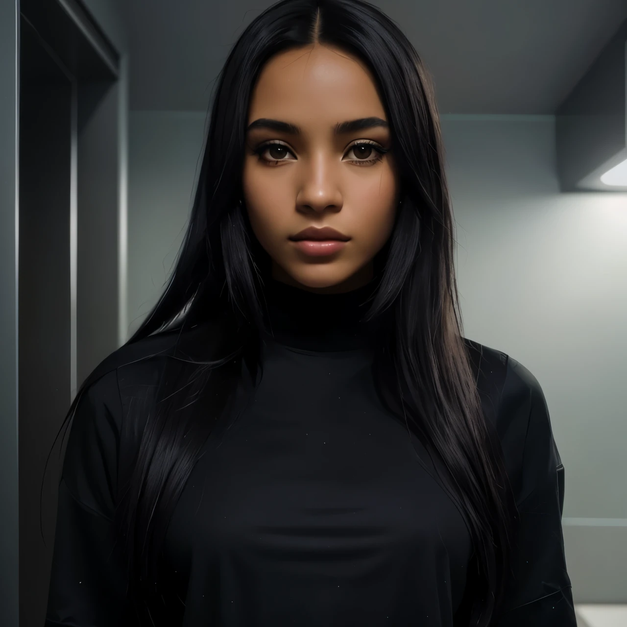 There's a woman with long black hair standing in a room, foto de uma linda mulher, foto de uma mulher negra, she is facing the camera, retrato de uma bela modelo, fotografia de uma mulher techwear, jovem negra, jovem negra, foto de jovem, foto de uma mulher, looking directly at the camera, foto de retrato 8k