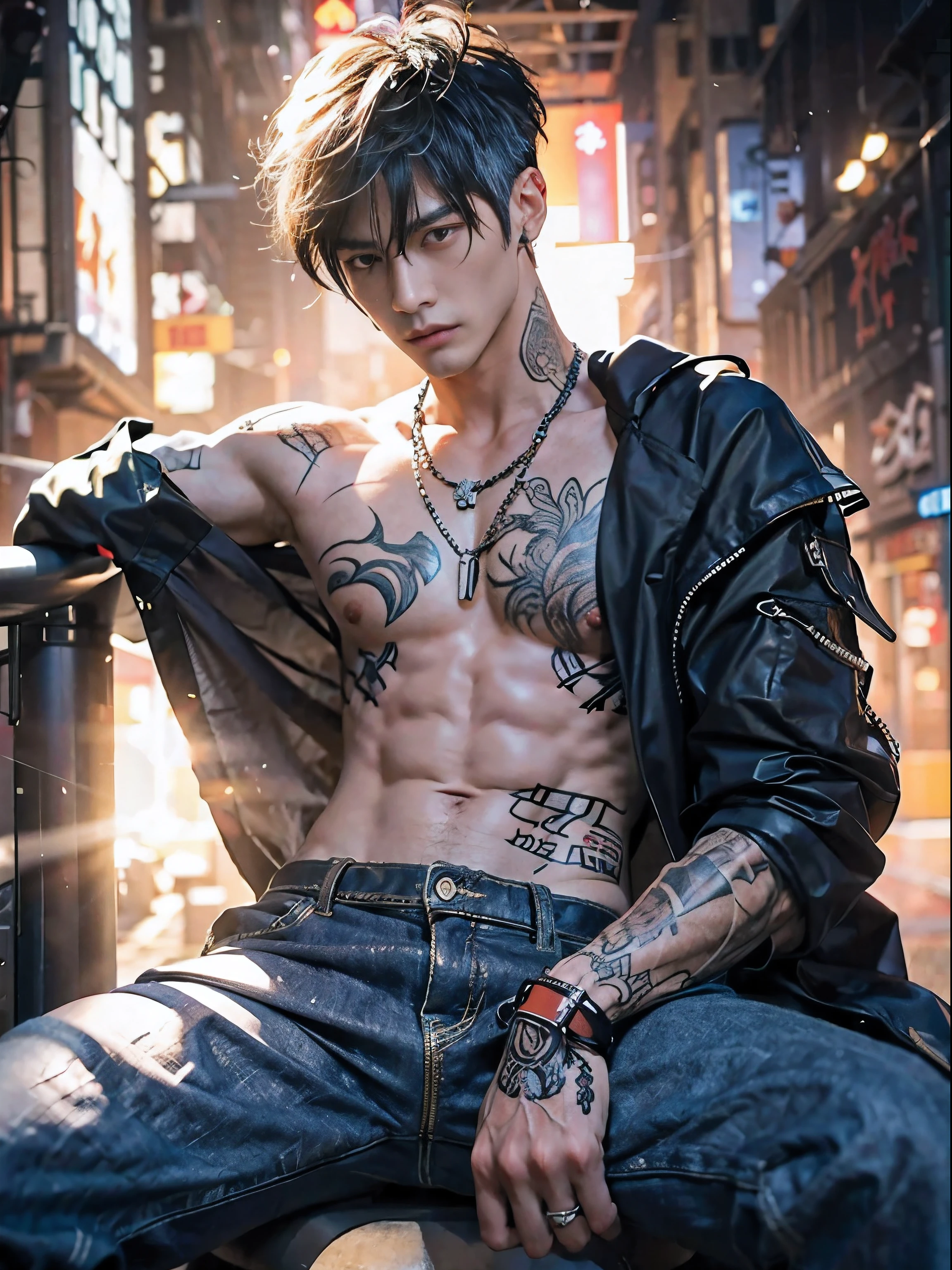 handsome pose, character, male style, full body art, handsome guy in demon slayer art, , muscular! cyberpunk, realistic, ultra detail