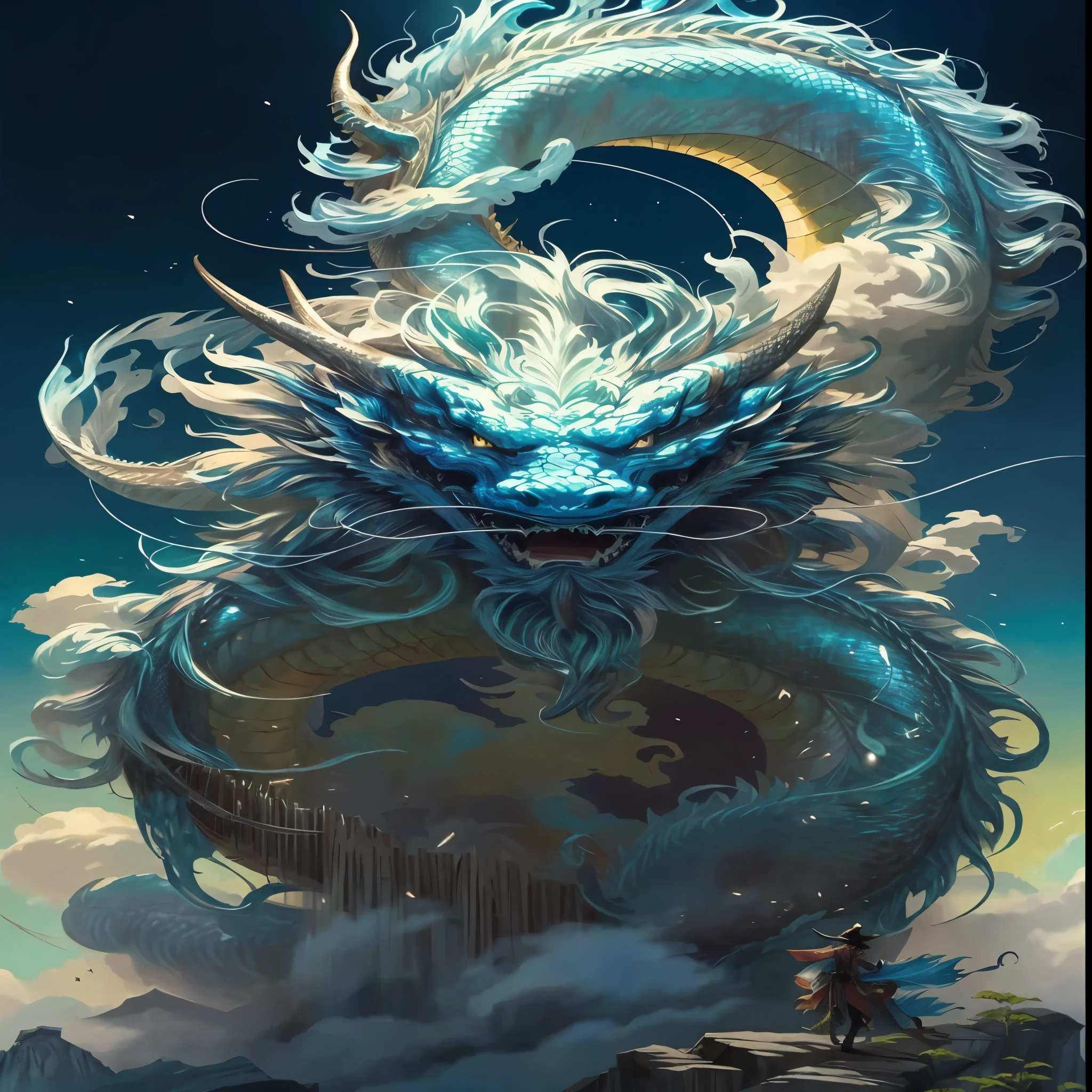 一幅dragon和一个站在岩石上的人的画, cyan 中国dragon fantasy, 中国dragon concept art, dragon艺术, 雄伟的日本dragon, dragondragon, smooth 中国dragon, dragon, 一条由云组成的dragon, author：Jeremy Chong, spider, inspired author：Jeremy Chong, 蓝色的dragon, dragon神, 中国dragon, Chinese fantasy