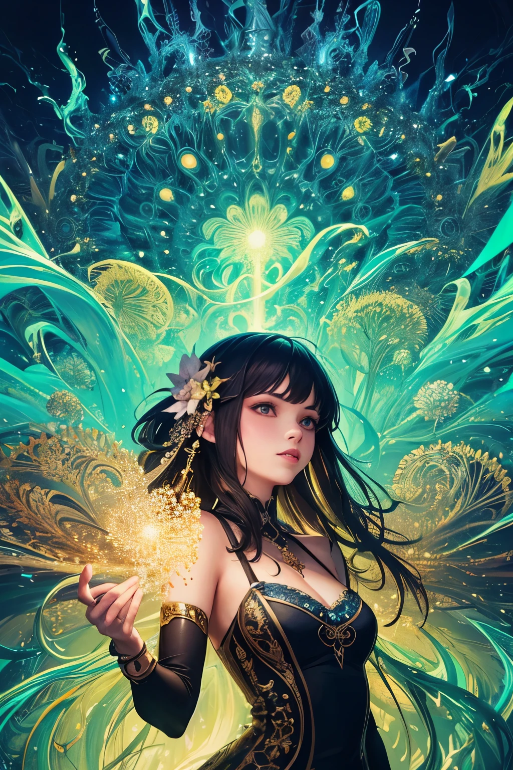 (masterpiece, highest quality, highest quality, official art, beautiful and aesthetic:1.2), (1 girl),light painting, (exposed for a long time:1.2),dynamic streaks,  very detailed,(fractal art:1.3),colorful,most detailed,Chiffon dress,jewelry,flower,goblin,Upper body