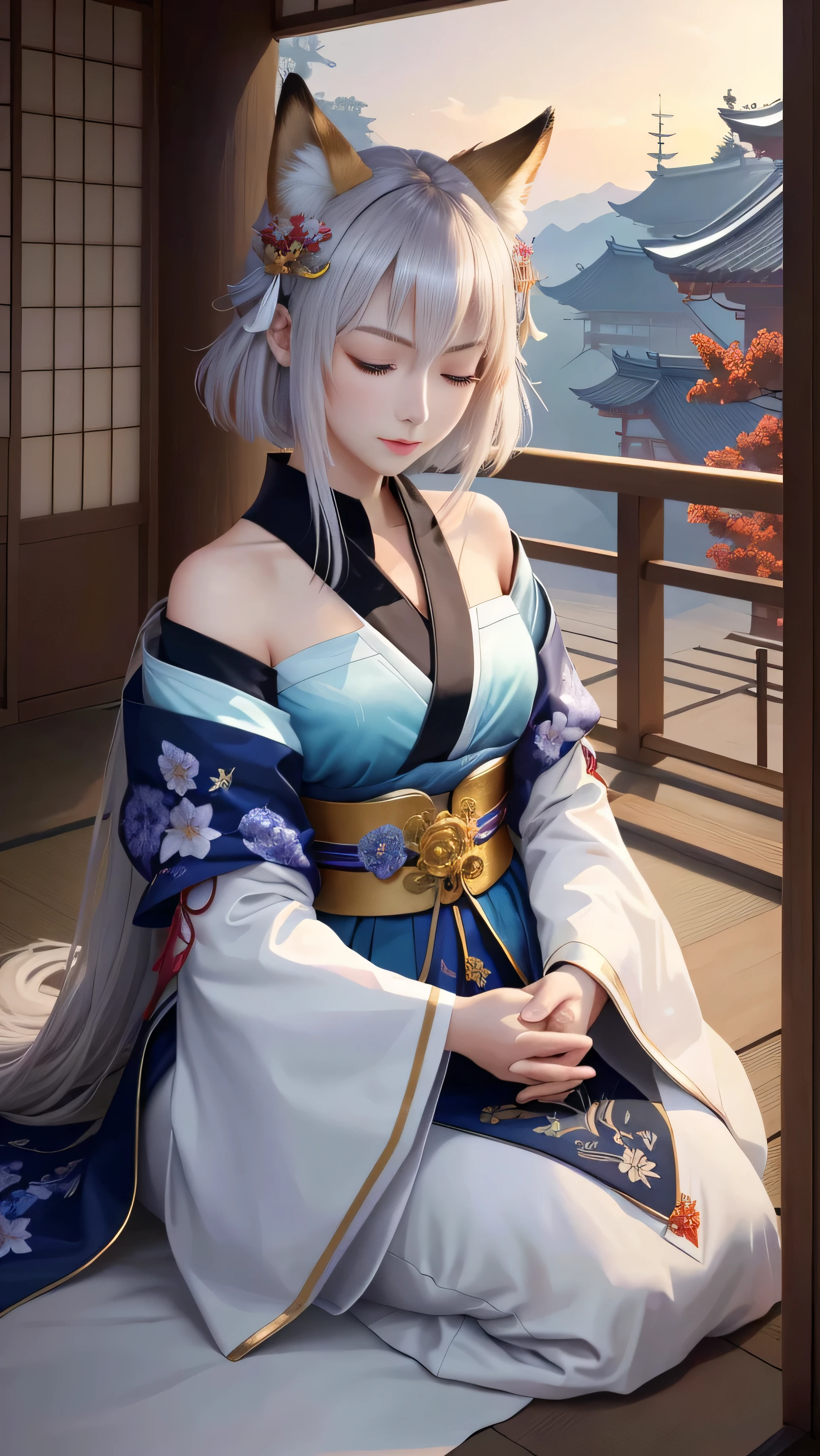 masterpiece , highest quality,close up of face,Mysterious,sitting on the floor,seiza,pray,close your eyes,whole body,Only one person,precision quality,beautiful short hair, masterpiece, japanese architectureの背景,beautiful details, colorful, delicate details, delicate lips, intricate details, genuine, ultrargenuineista, 枝に座っている色とりどりの髪のFoxを持つ女の子:mature, bright eyes, ,色とりどりのFox, Raposa the Nine Tails, 三尾Fox, 三尾Fox, Onmyoji detailed art, beautiful fine art illustration, mythical creatures, Fox, beautiful digital art,shrine maiden,japanese architecture,Holding hands,exquisite digital illustration, mizutsune, Inspired by mythical wild nest creatures, pixiv in digital art, dazzling light, high contrast, Mysteriousな,