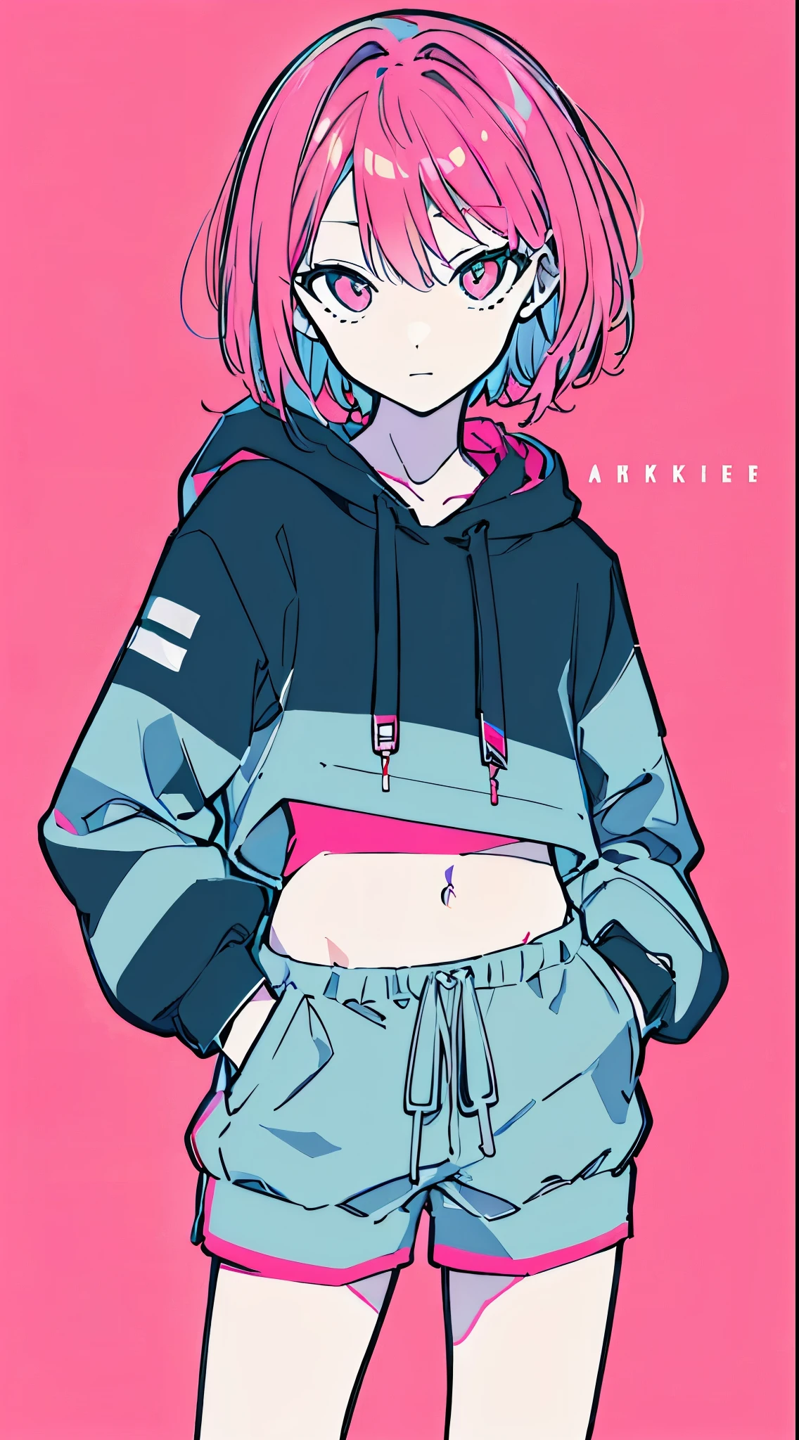 (masterpiece, highest quality:1.6), alone, thick outline, (simple background, Bright pink background, monochrome, bright pink theme:1.2), official art, Key Visual, 8K, confused, whole body, (Unique hair, oversized hoodie, hot pants, arch back, short torso:1.2), belly button, thighs, cowboy shot, HDR, sharp focus, High resolution, most detailed, very detailed, Super detailed, finely, detailed eyes and face, sharp pupils, realistic student, alone, alone, hands in pockets