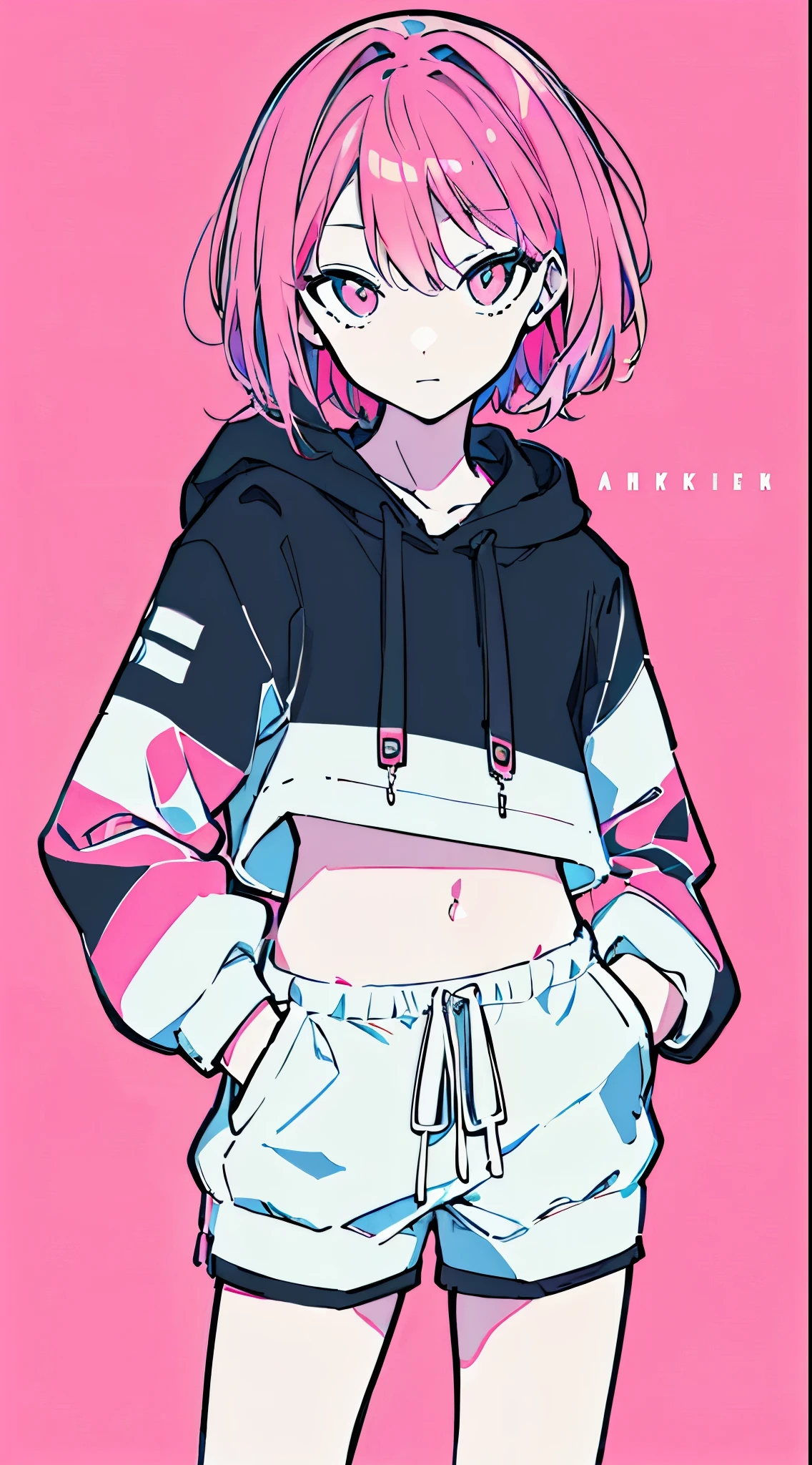 (masterpiece, highest quality:1.6), alone, thick outline, (simple background, Bright pink background, monochrome, bright pink theme:1.2), official art, Key Visual, 8K, confused, whole body, (Unique hair, oversized hoodie, hot pants, arch back, short torso:1.2), belly button, thighs, cowboy shot, HDR, sharp focus, High resolution, most detailed, very detailed, Super detailed, finely, detailed eyes and face, sharp pupils, realistic student, alone, alone, hands in pockets