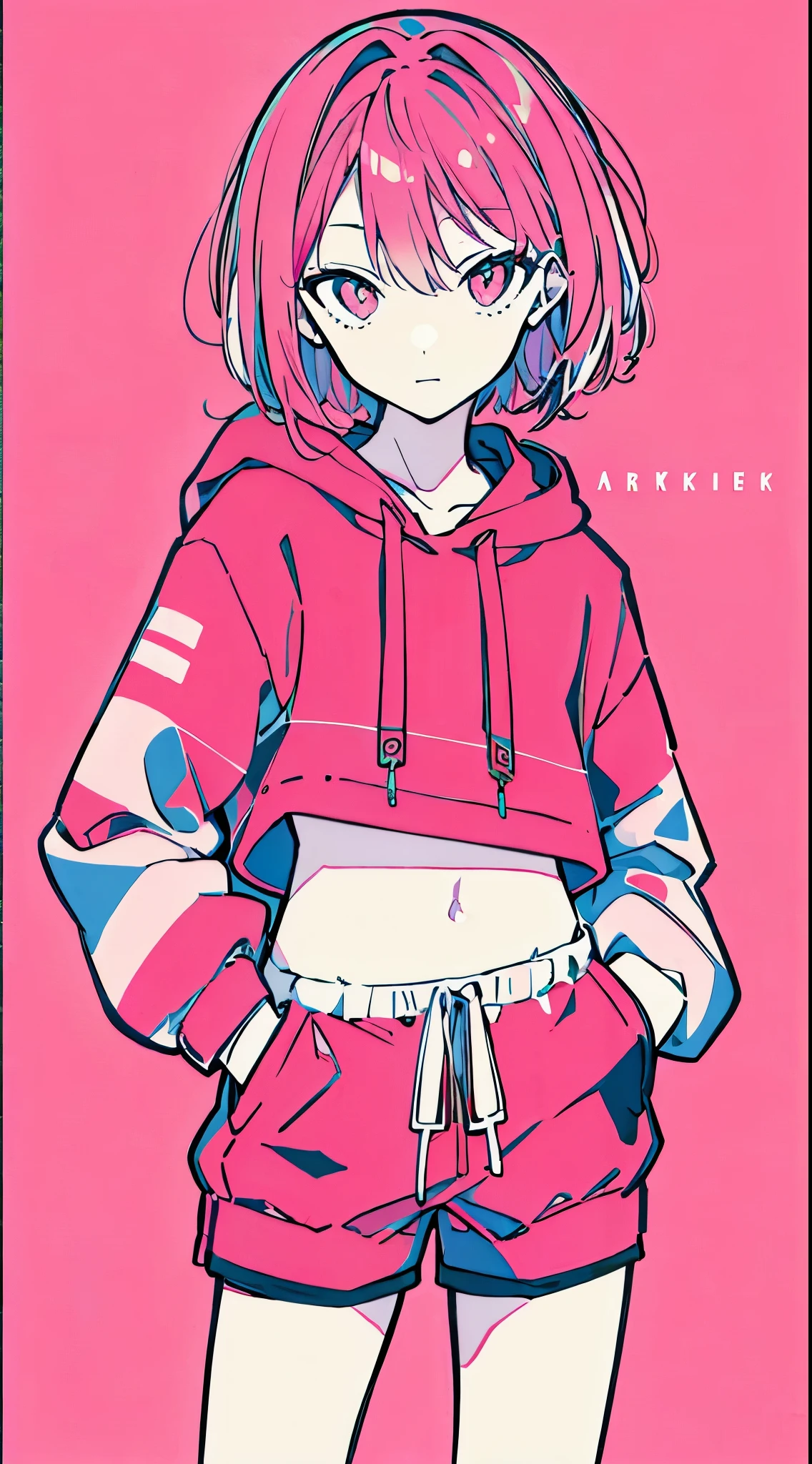 (masterpiece, highest quality:1.6), alone, thick outline, (simple background, Bright pink background, monochrome, bright pink theme:1.2), official art, Key Visual, 8K, confused, whole body, (Unique hair, oversized hoodie, hot pants, arch back, short torso:1.2), belly button, thighs, cowboy shot, HDR, sharp focus, High resolution, most detailed, very detailed, Super detailed, finely, detailed eyes and face, sharp pupils, realistic student, alone, pink and white contrast, alone, hands in pockets