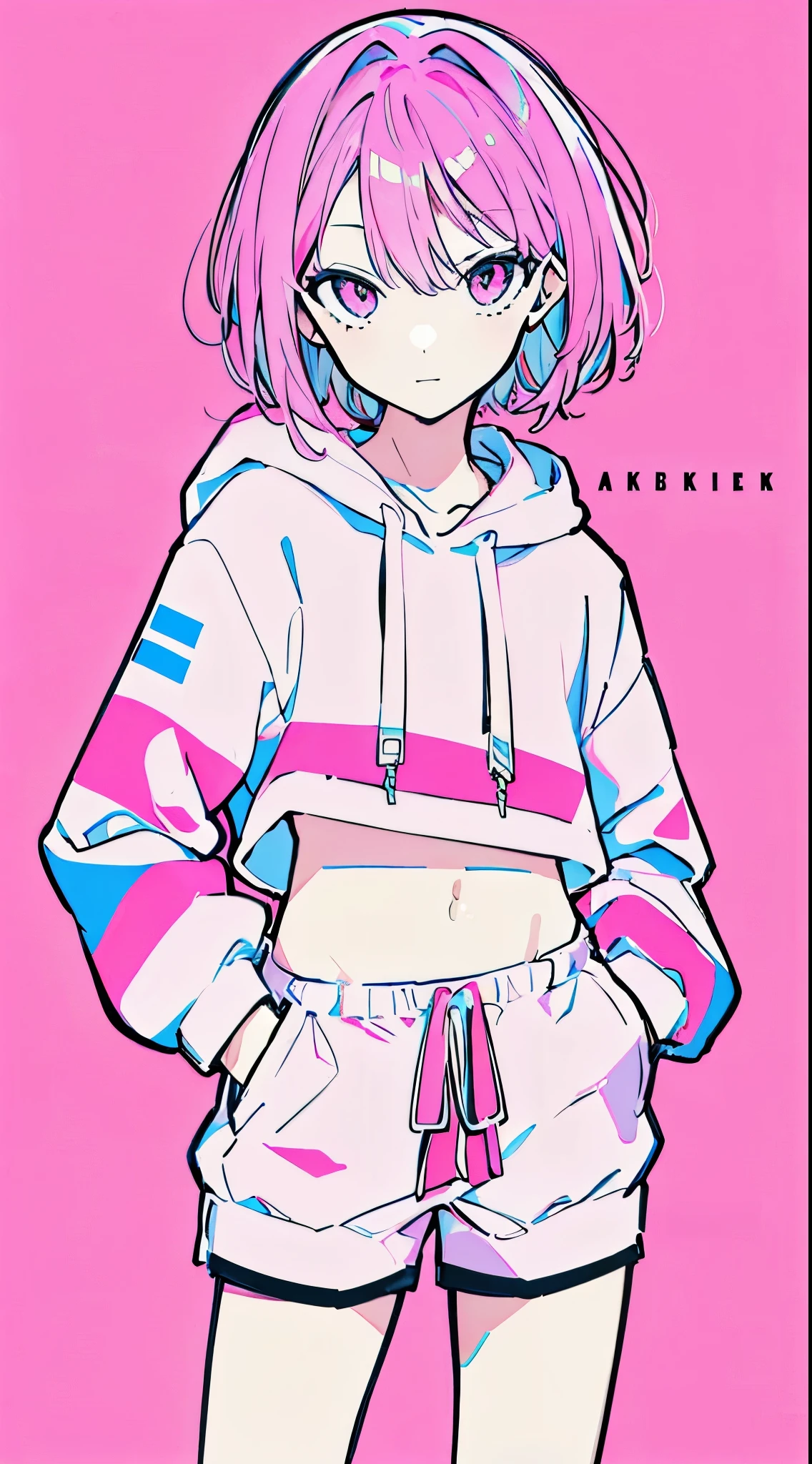 (masterpiece, highest quality:1.6), alone, thick outline, (simple background, Bright pink background, monochrome, bright pink theme:1.2), official art, Key Visual, 8K, confused, whole body, (Unique hair, oversized hoodie, hot pants, arch back, short torso:1.2), belly button, thighs, cowboy shot, HDR, sharp focus, High resolution, most detailed, very detailed, Super detailed, finely, detailed eyes and face, sharp pupils, realistic student, alone, pink and white contrast, alone, hands in pockets