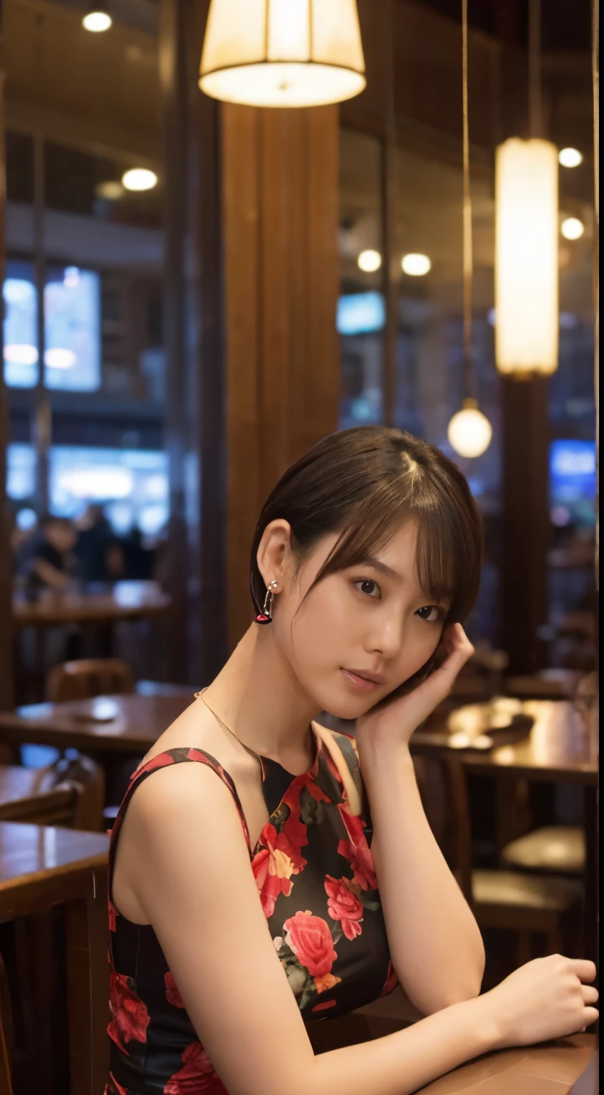 high-definition images, atmospheric perspective, 8k, super detail, accurate, best quality, angle from below, a woman, drooping eyes, sleepy face, blush, in the city, busy, skyscrapers, ((bo bc hair, short hair , length below ears)) skirt, thick tights, high boots, shoulder bag, necklace, restaurant with large windows, standing , Chinese new year dress (red bodycon dress printed), night scene, ((bo bc hair))