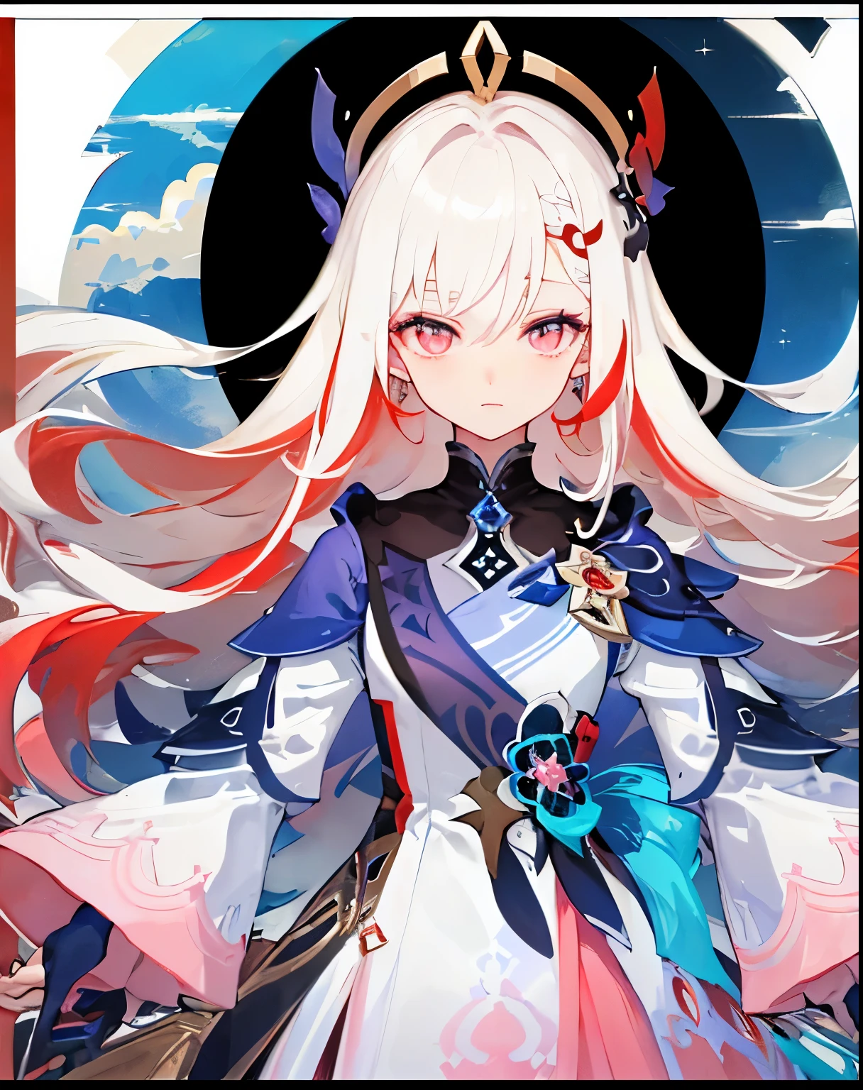 ((masterpiece)), ((high detail)), 1 girl, ((super detailed)),((delicate face)), beautiful and fine eyes, (Gradient white blonde hair with red highlights,gradient hair),long hair, floating hair, ,hair between eyes, GS Heed,1 girl ,alone,red eyes,Genshin_impact,look at the audience, ((white background)), (tarot card border, outside the border), ,wide angle shot, strong light and shadow, movie lenses,((Float in the sky and fly,with cotton-like clouds)),((around pink clouds)) ,